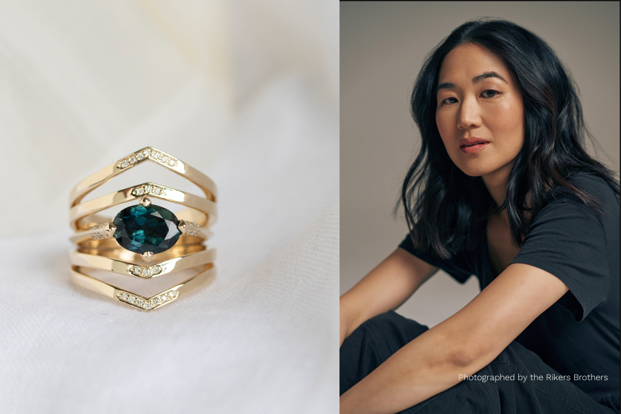 Jackie Chung and her finished custom ring. Schedule an appointment to create a custom piece or purchase the Brevity Jade pendant directly online.