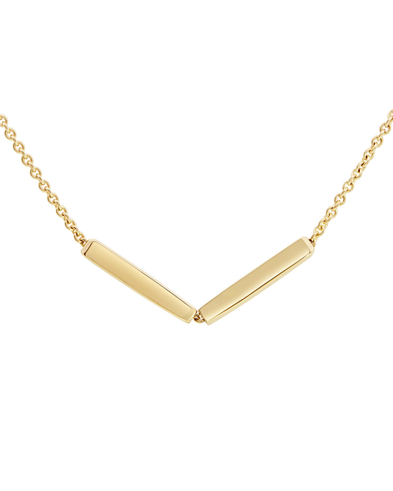 Open Gold Necklace featuring two handcrafted beams in a 'v' shape, showcasing minimalist interlocking design, from Bliss Lau.