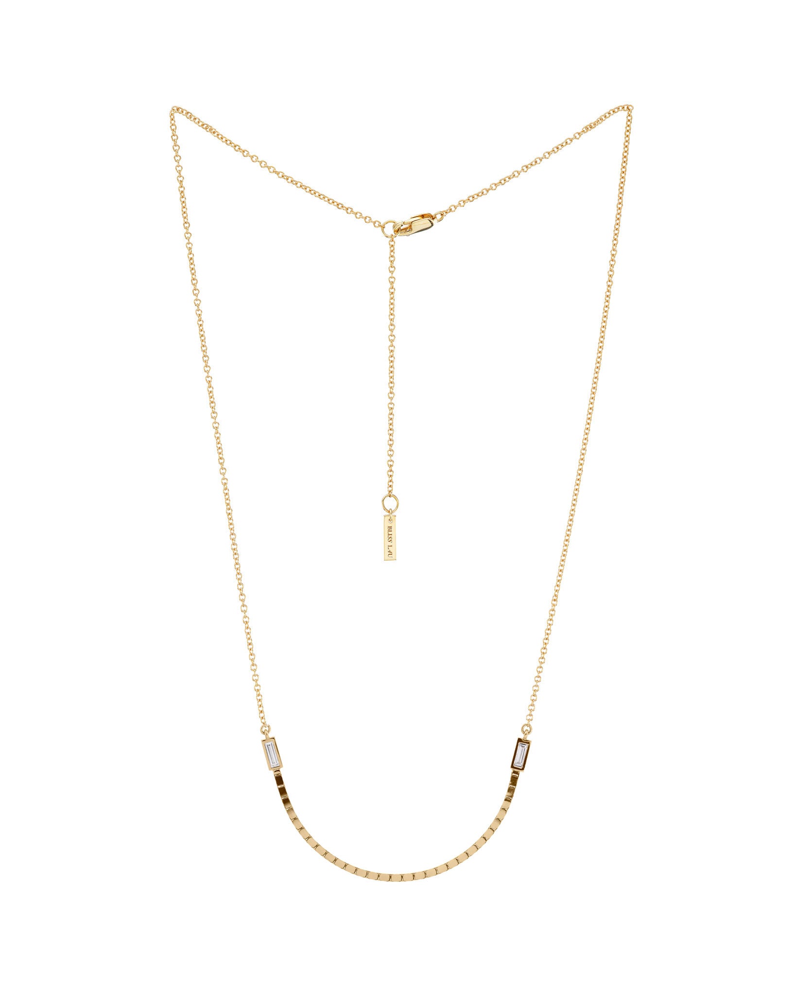 Halo Luna Necklace with white diamonds. Chain and box chain combine with two tapered baguette lab diamonds