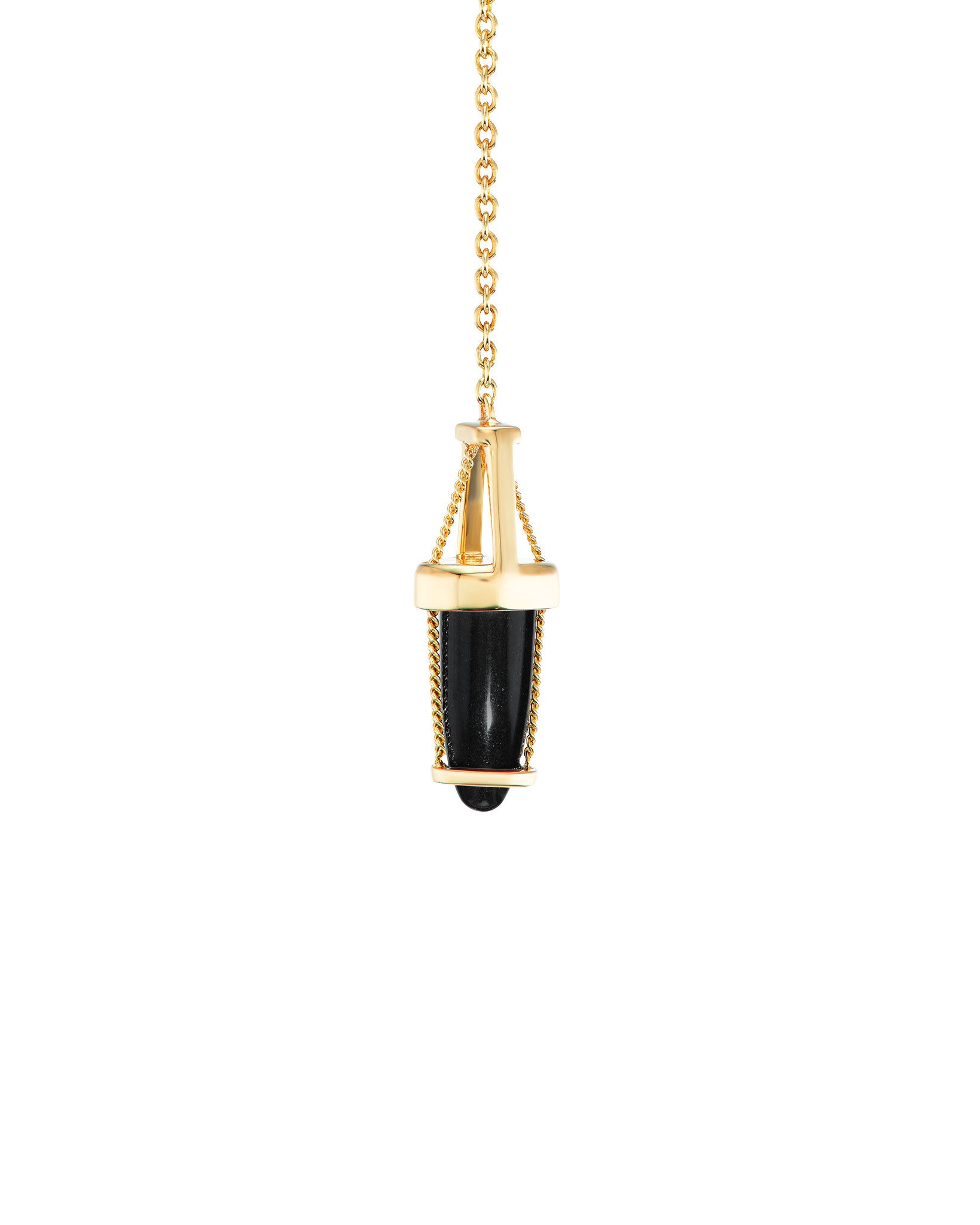 Close up of Bliss Lau vantage pendant in black jade and yellow gold.