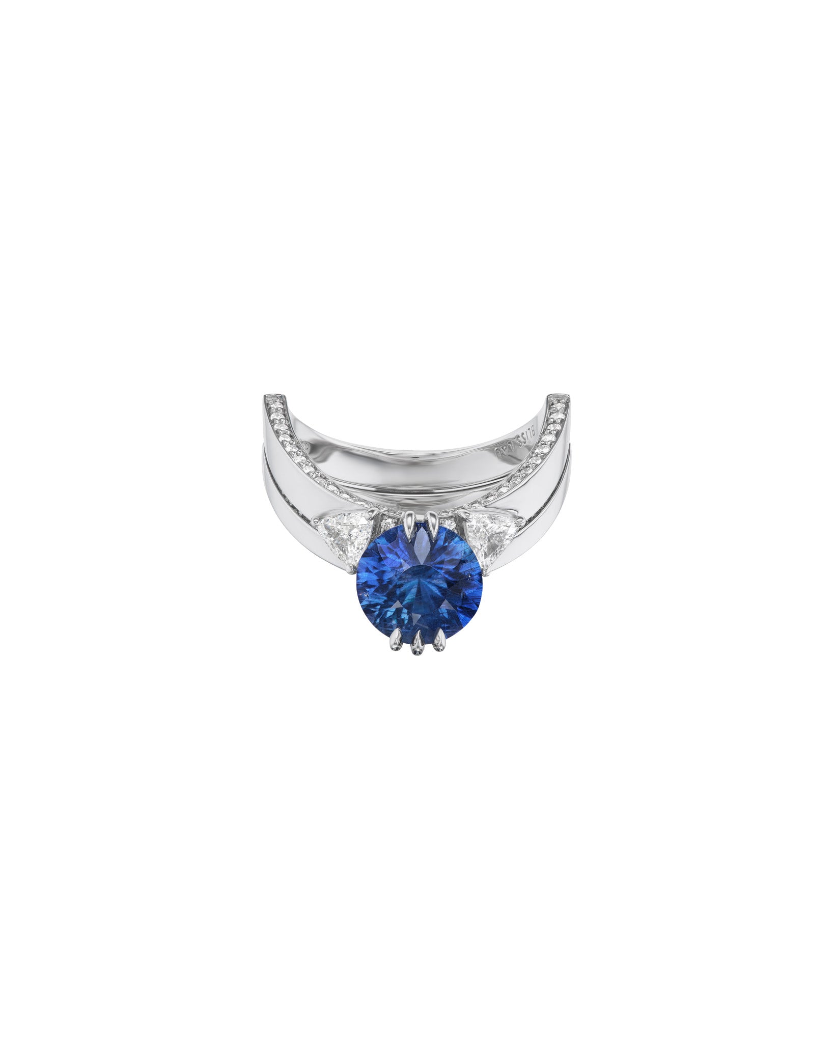 Sphynx Platinum and Blue Sapphire Ring showcasing a stunning deep blue round sapphire at the center, flanked by two sparkling diamonds in a luxurious two-piece design.
