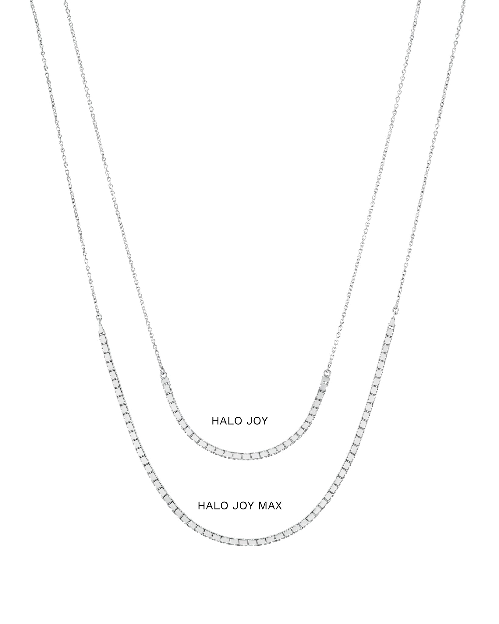 HALO JOY Max Sterling Silver Necklace layered design featuring both the HALO JOY and HALO JOY Max styles, highlighting luxurious craftsmanship and adjustable length.