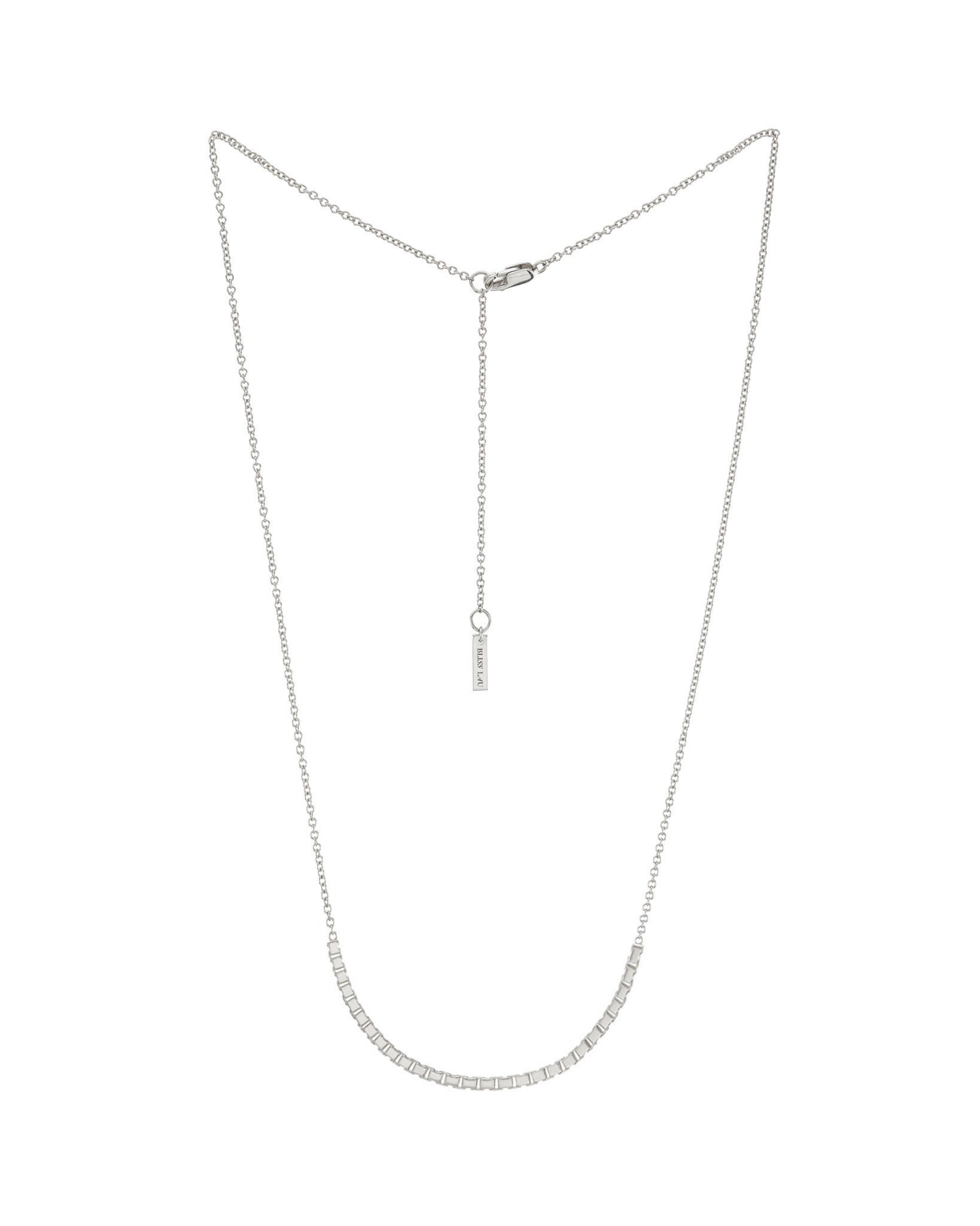 HALO JOY Sterling Silver Necklace showcasing adjustable length and a refined design with a thin and elegant square box chain, perfect for layering or wearing alone.