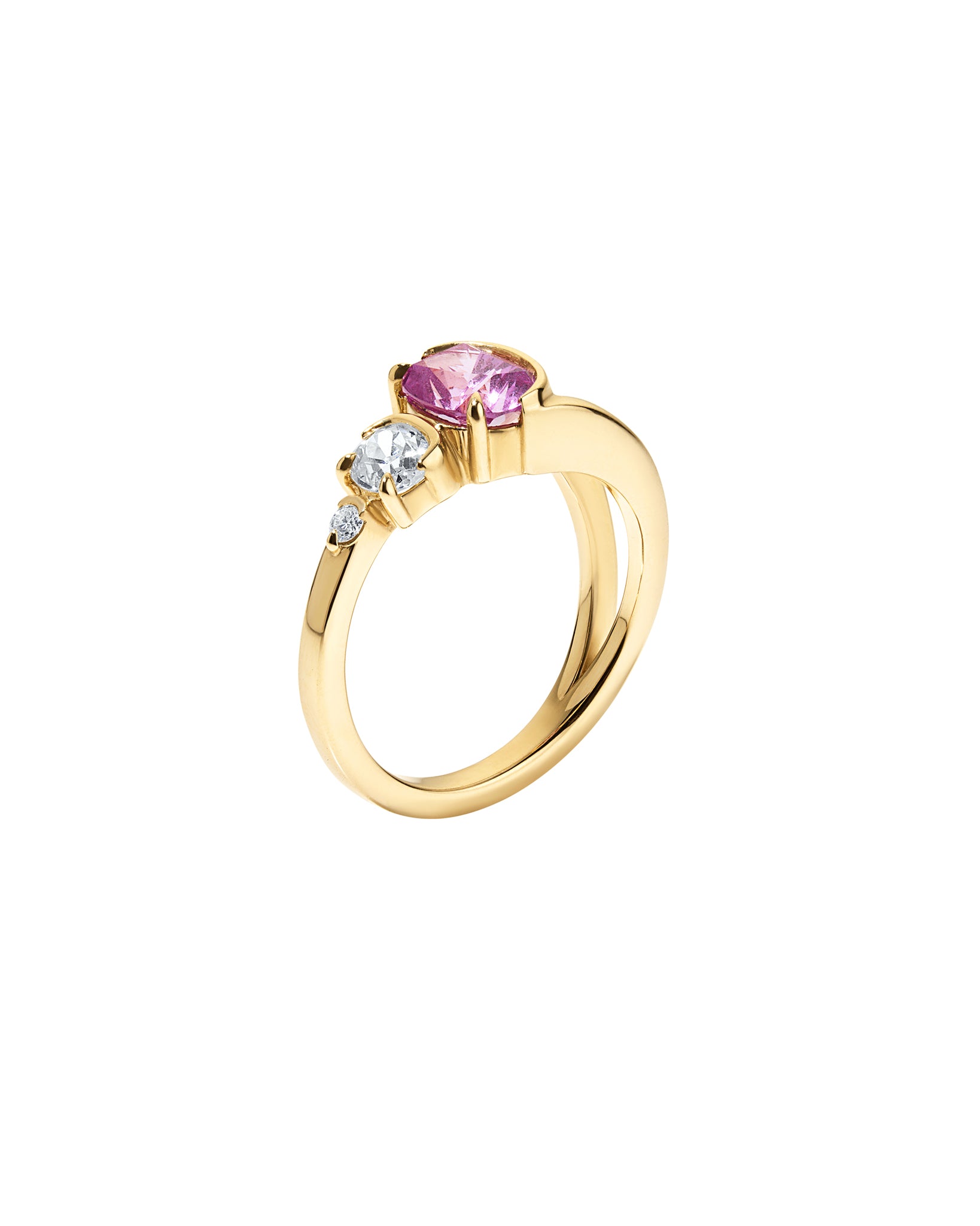 Luxurious Bright Ring Pink Sapphire displayed from a side angle, featuring an artistic gold setting and radiant gemstones for an elegant look.