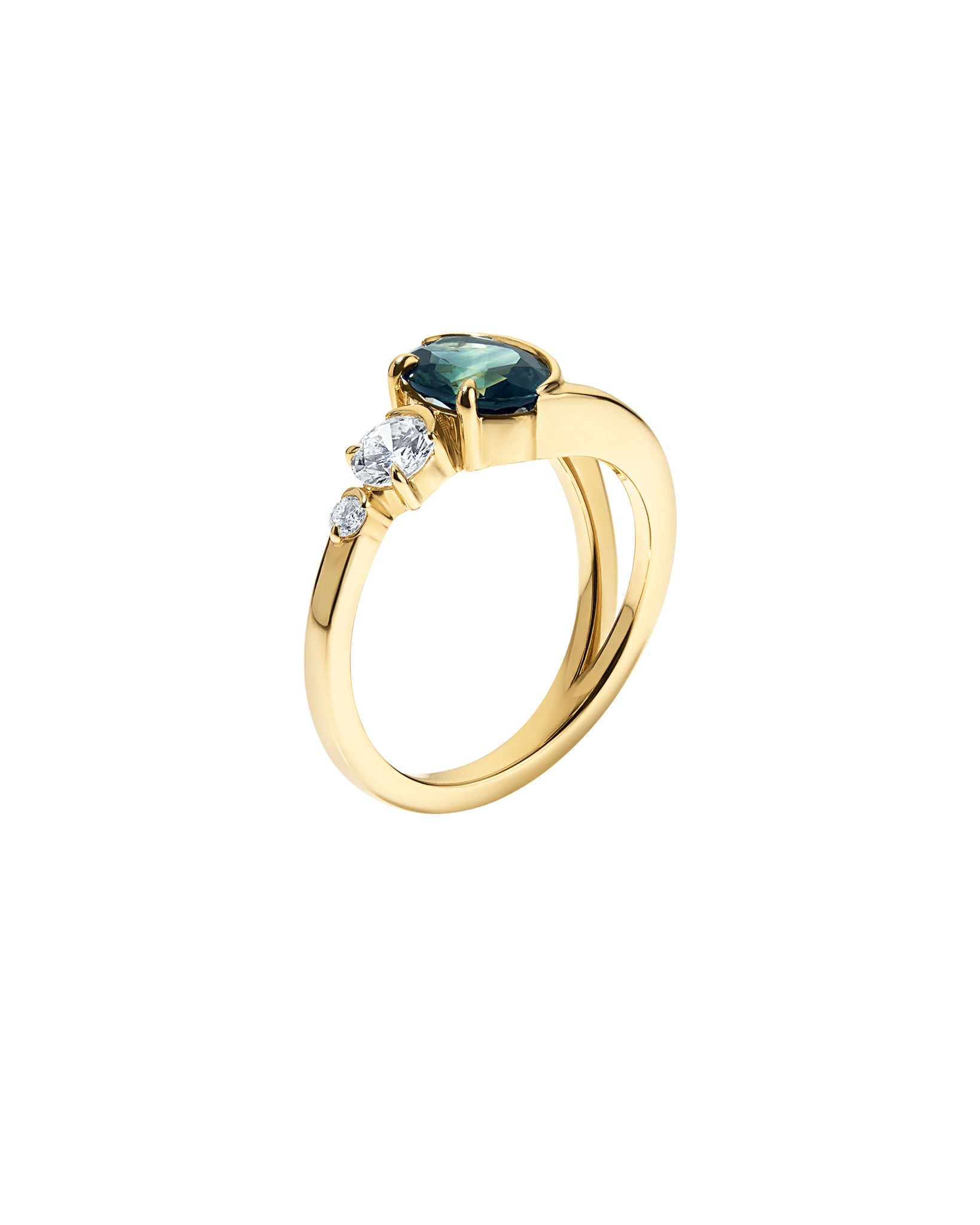 Side view of the Bright Ring Green Sapphire, highlighting the unique design with a striking deep blue-green sapphire and a brilliant diamond, crafted in 14K gold.