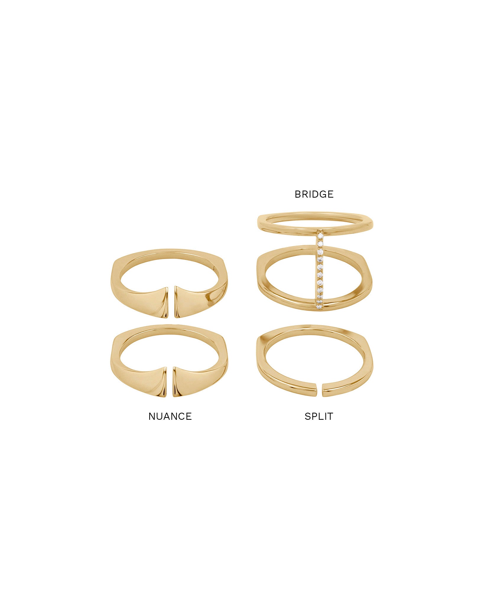 Kaleidoscope Mini Ring Set showcasing the Bridge, Nuance, and Split rings in luxurious 18k Fairmined Gold.