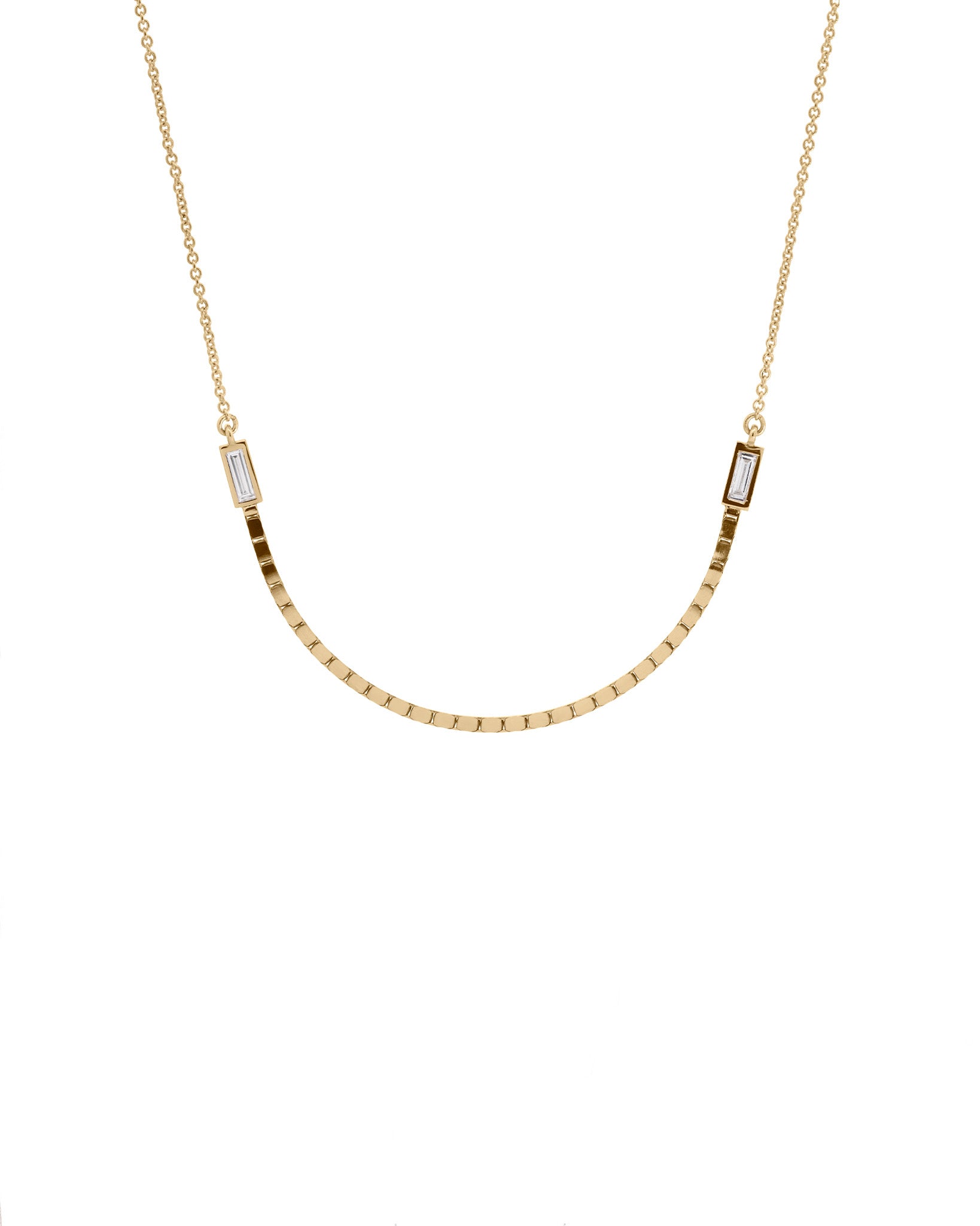 Halo Necklace. Chain and box chain combine with two tapered baguette lab diamonds 