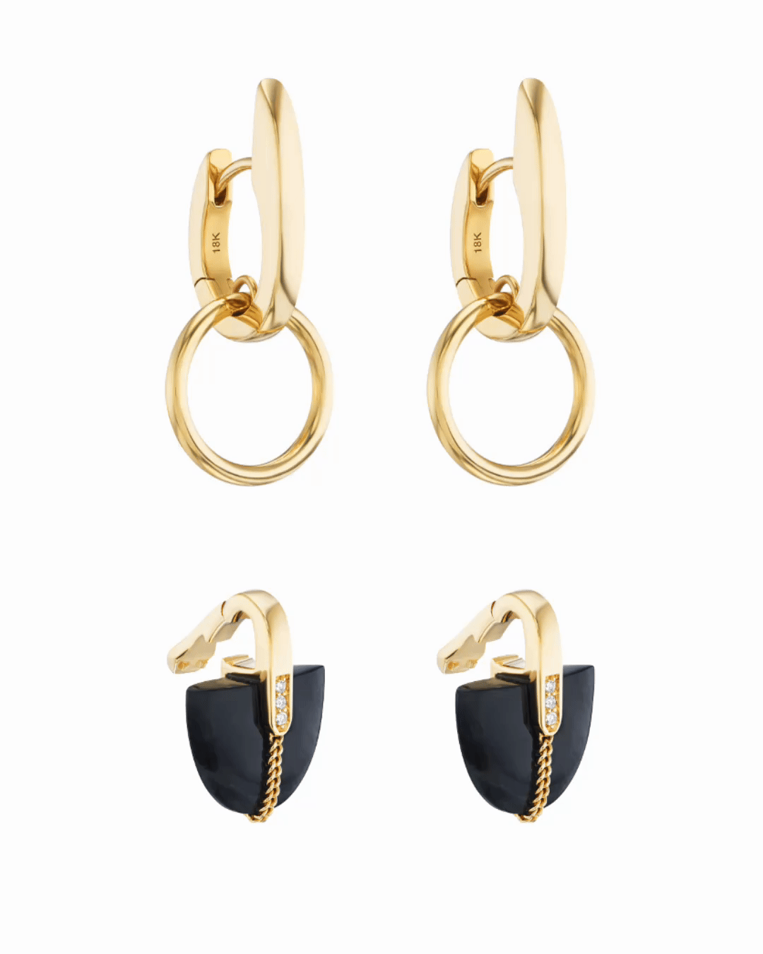 Nuance Hoop + Brevity Black Jade Earrings 18k Gold - Chic and modern earrings with a unique blend of gold and black jade, ideal for the contemporary luxury lover.