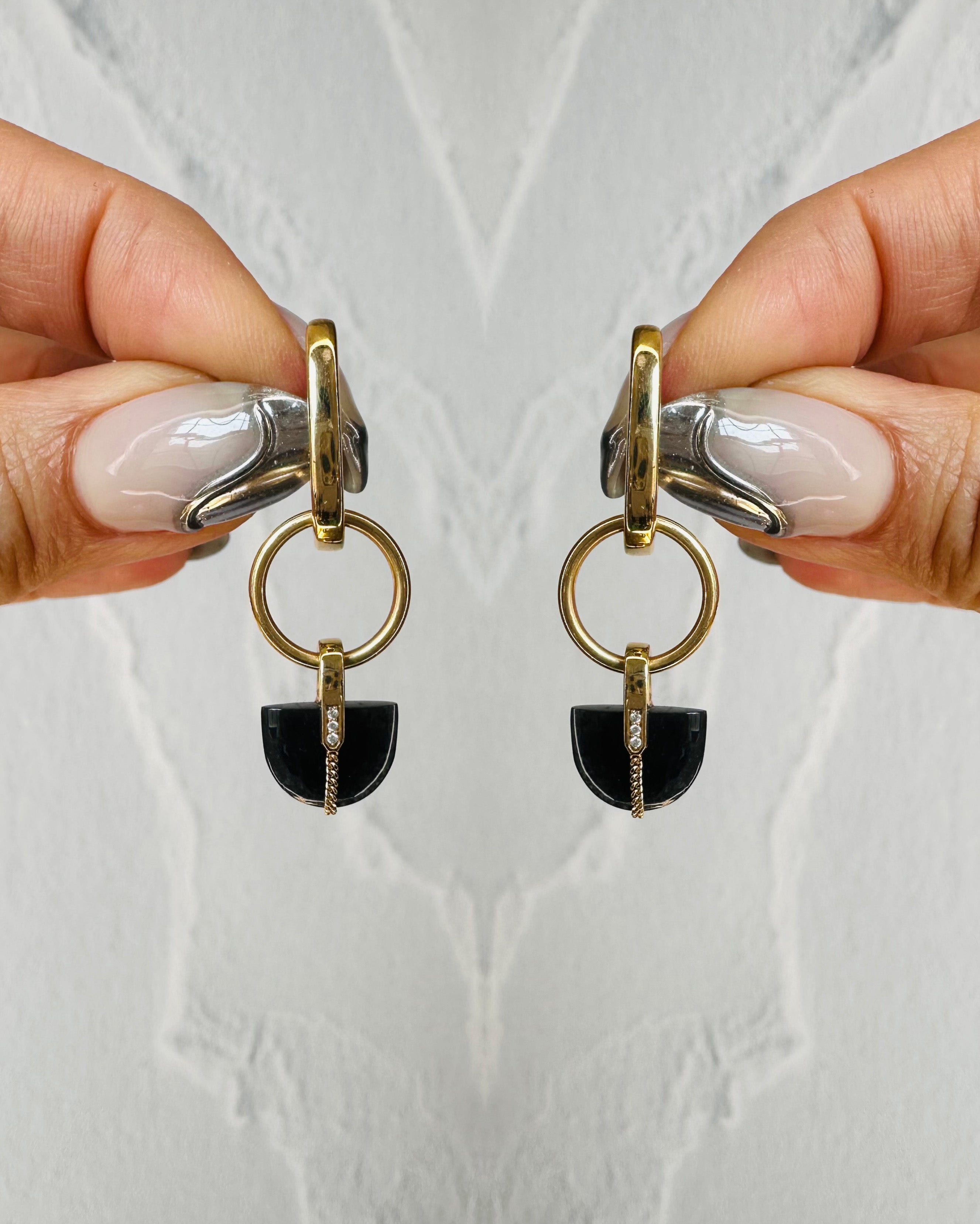 Nuance Hoop + Brevity Black Jade Earrings 18k Gold - Artfully designed gold earrings featuring black jade, meticulously crafted for a refined and luxurious look.