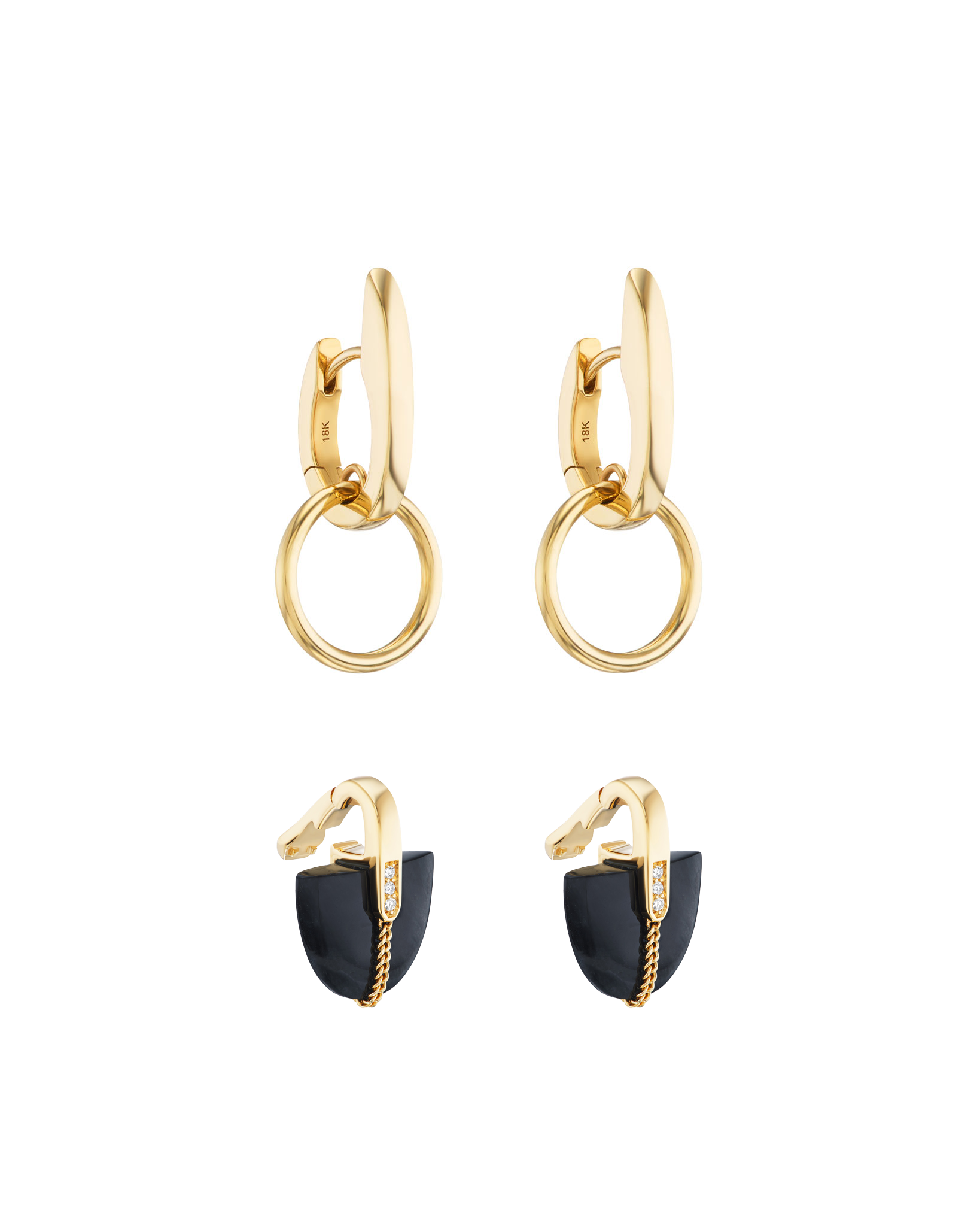 Nuance Hoop + Brevity Black Jade Earrings 18k Gold - Elegant interlocking earrings featuring polished gold and black jade accents, embodying luxury and sophistication.