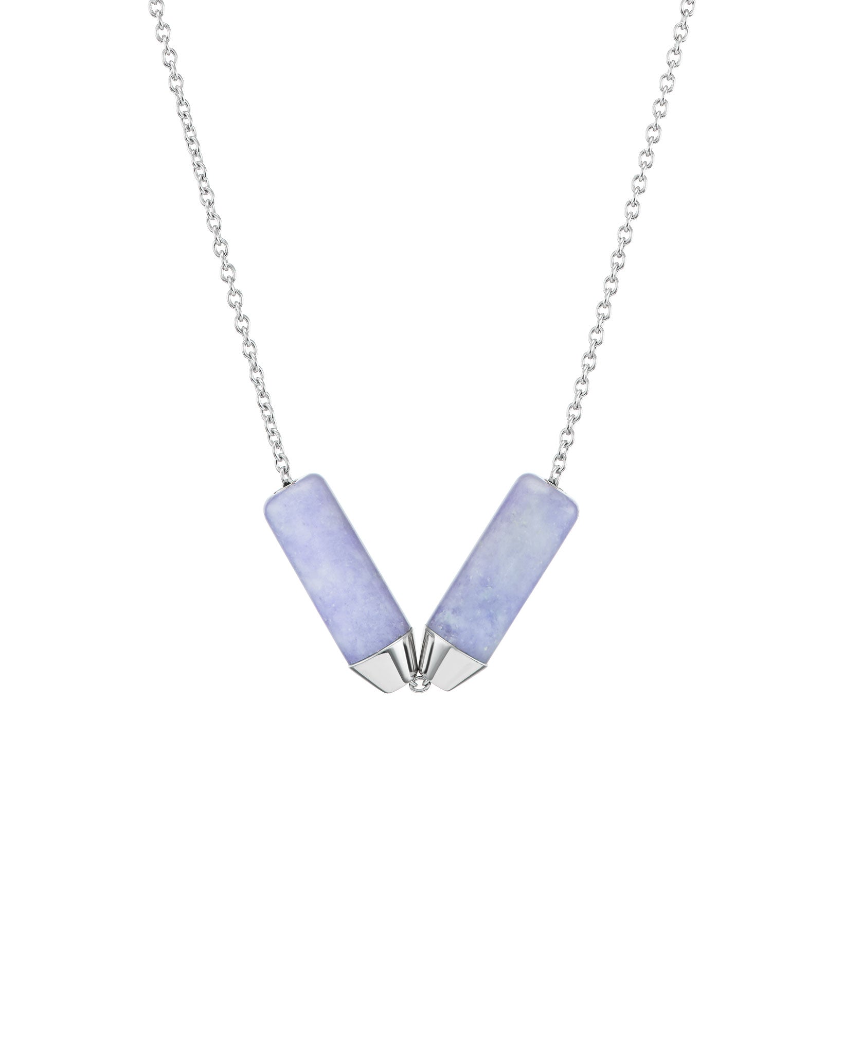 Detailed view of the Open Necklace - Mayan Lavender Jade and Platinum, emphasizing the unique interlocking design and the luxurious lavender jade stone.