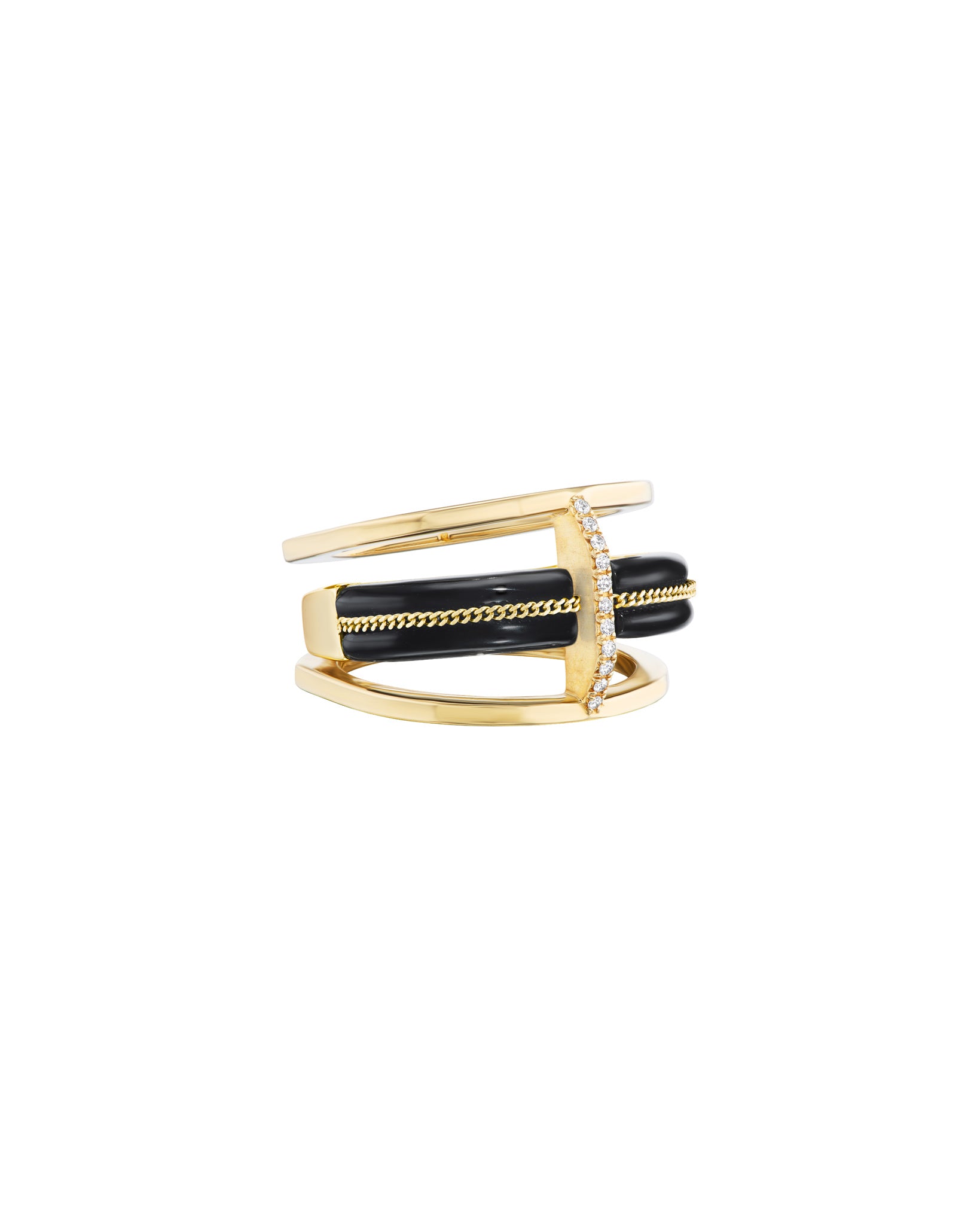 Stylish Vantage Ring Black Jade viewed from a side angle, highlighting its unique construction of black jade and gold, perfect for expressing individuality and luxury.