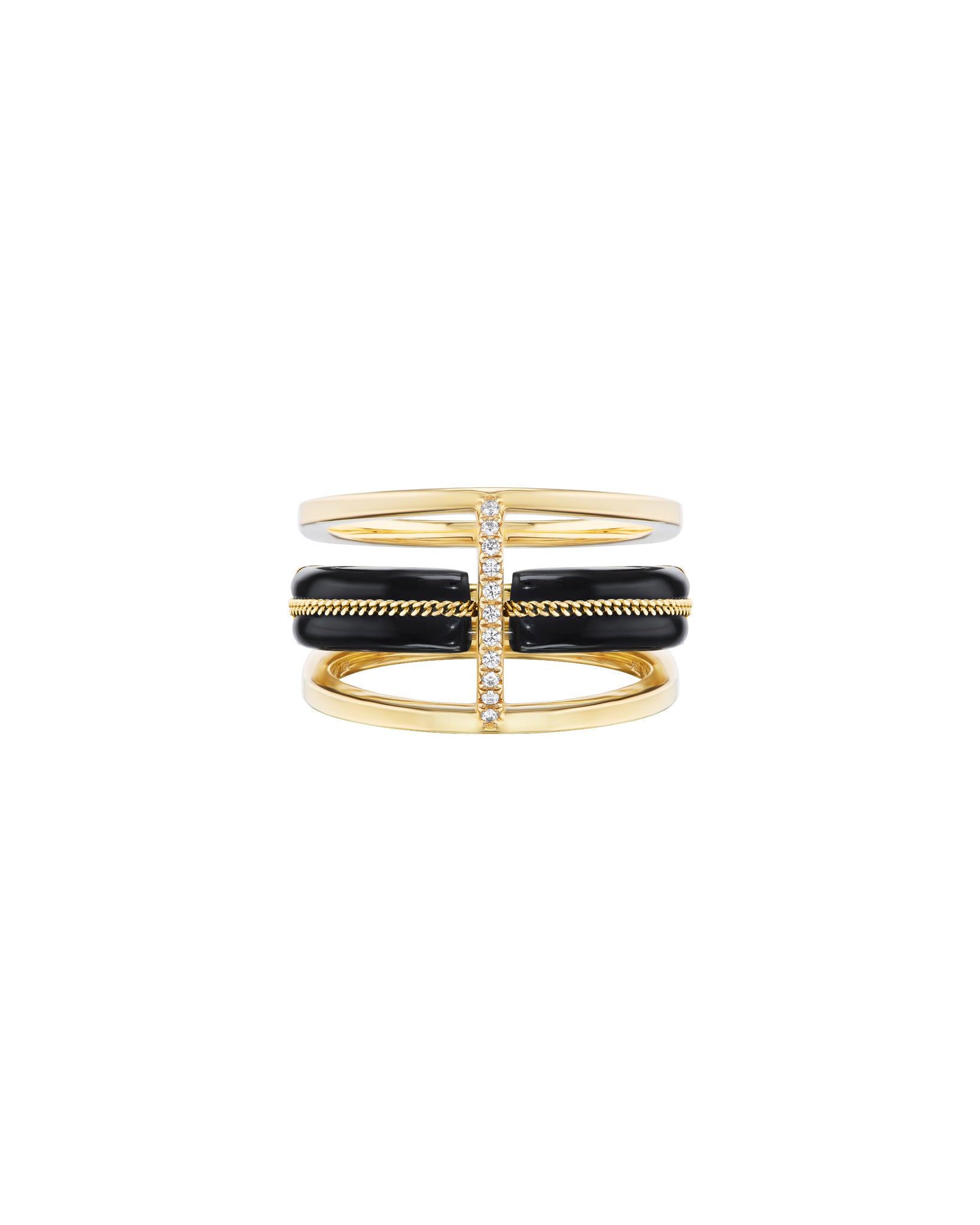 Elegant Vantage Ring Black Jade displayed with accompanying rings, featuring intricate gold detailing and sparkling elements, representing meaningful experiences and artistry.