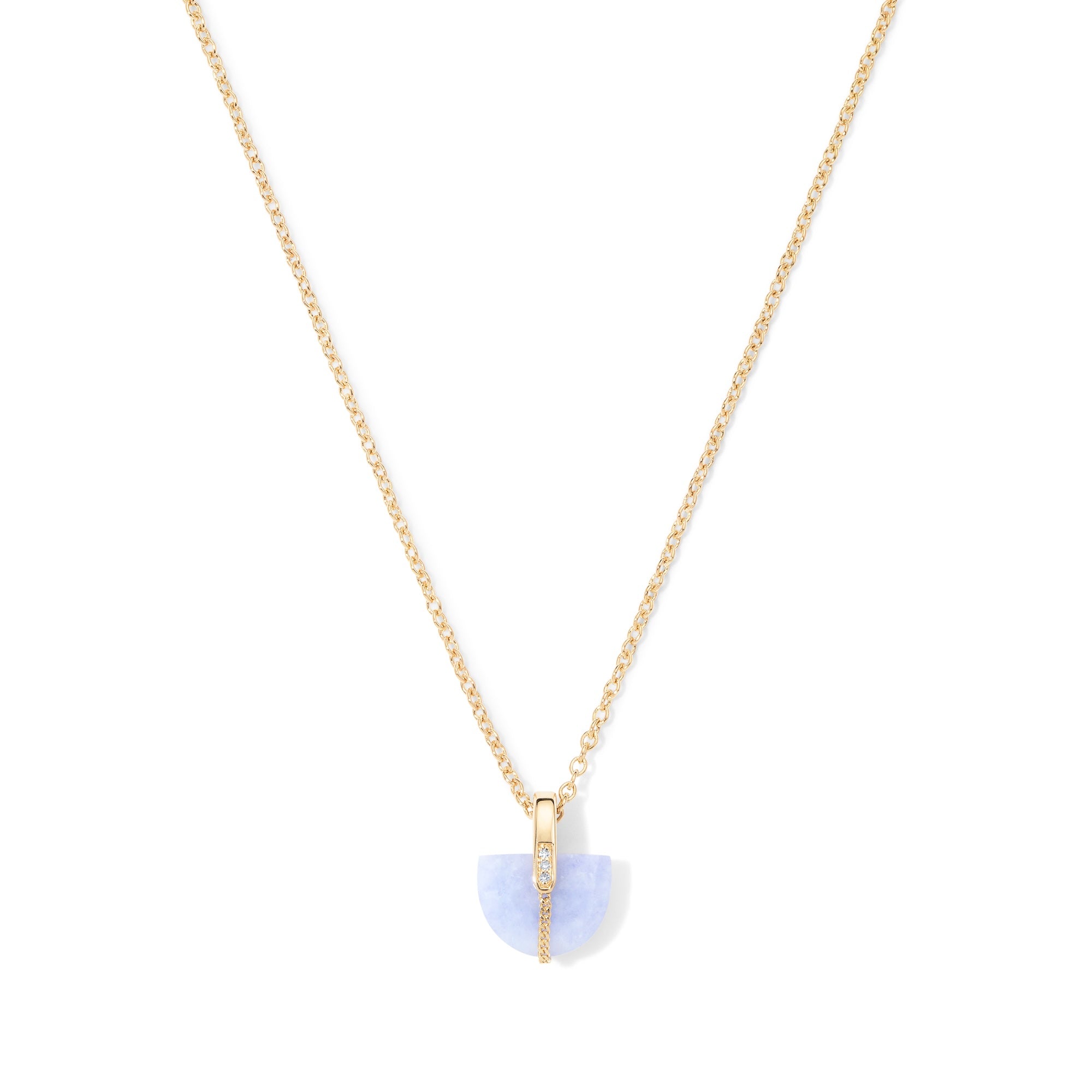 gold necklace with a light lavender jade pendant on a white background