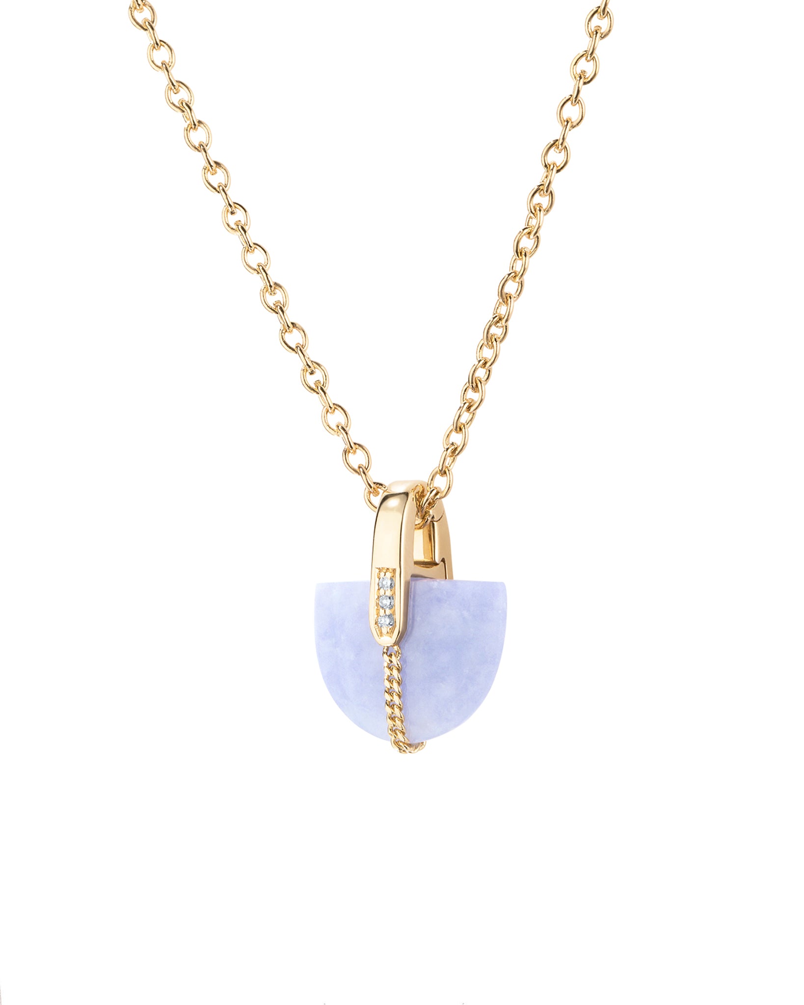 Necklace with a gold chain and a semi-circular lavender jade pendant and gold accents on a white background.