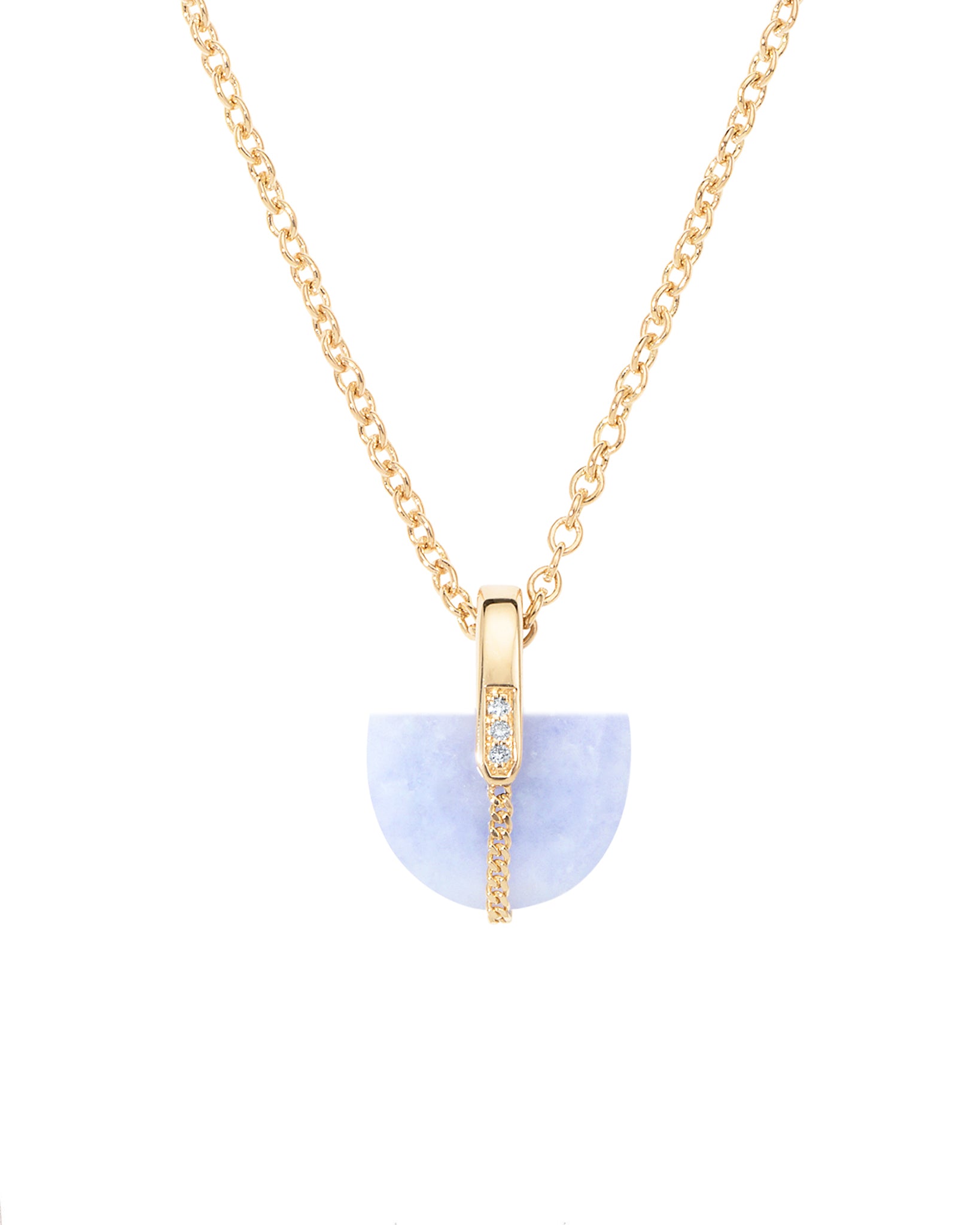 Gold necklace with a semi-circular lavender jade with gold accents pendant on a white background