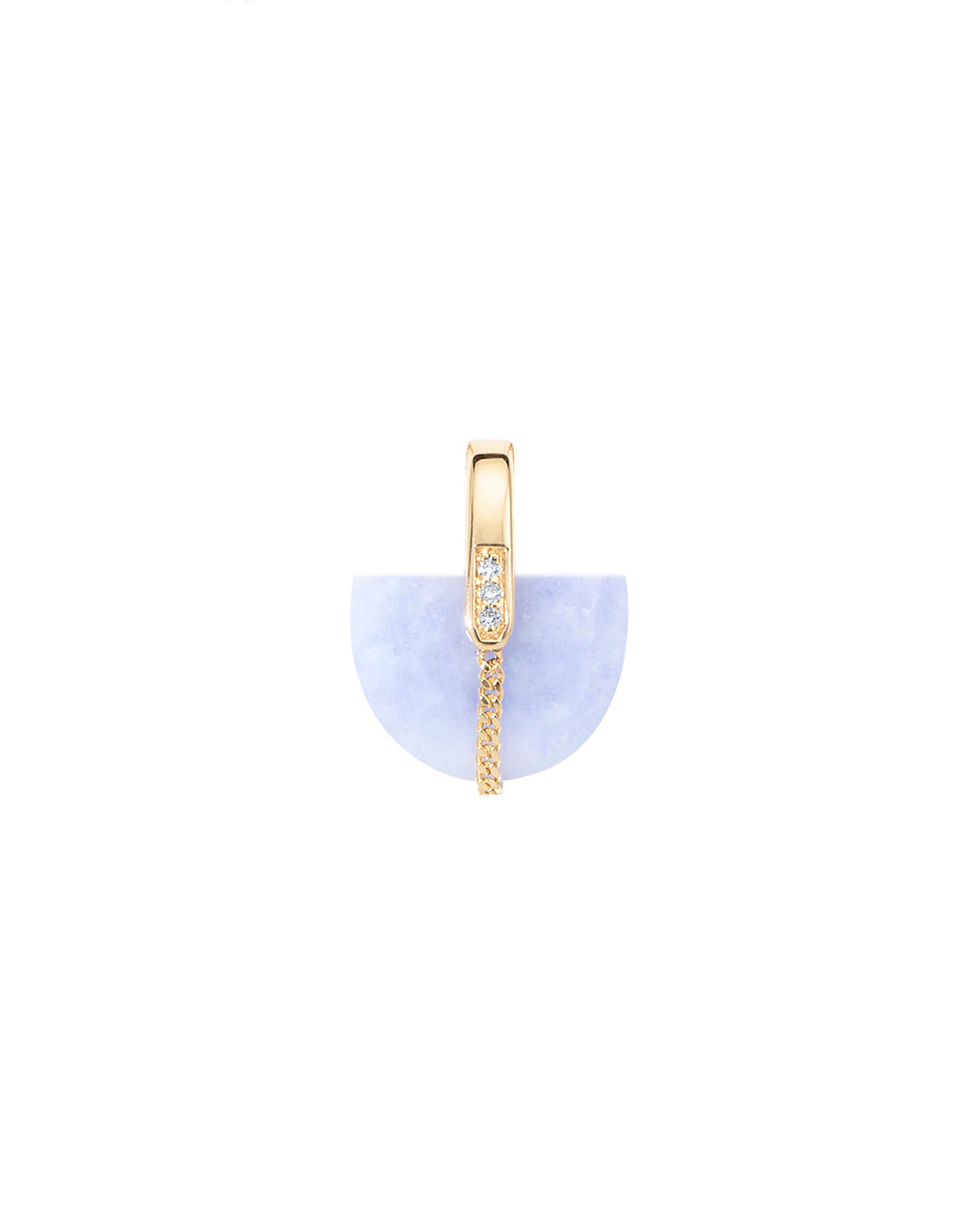 Lavender jade pendant with gold chain and diamonds on a white background