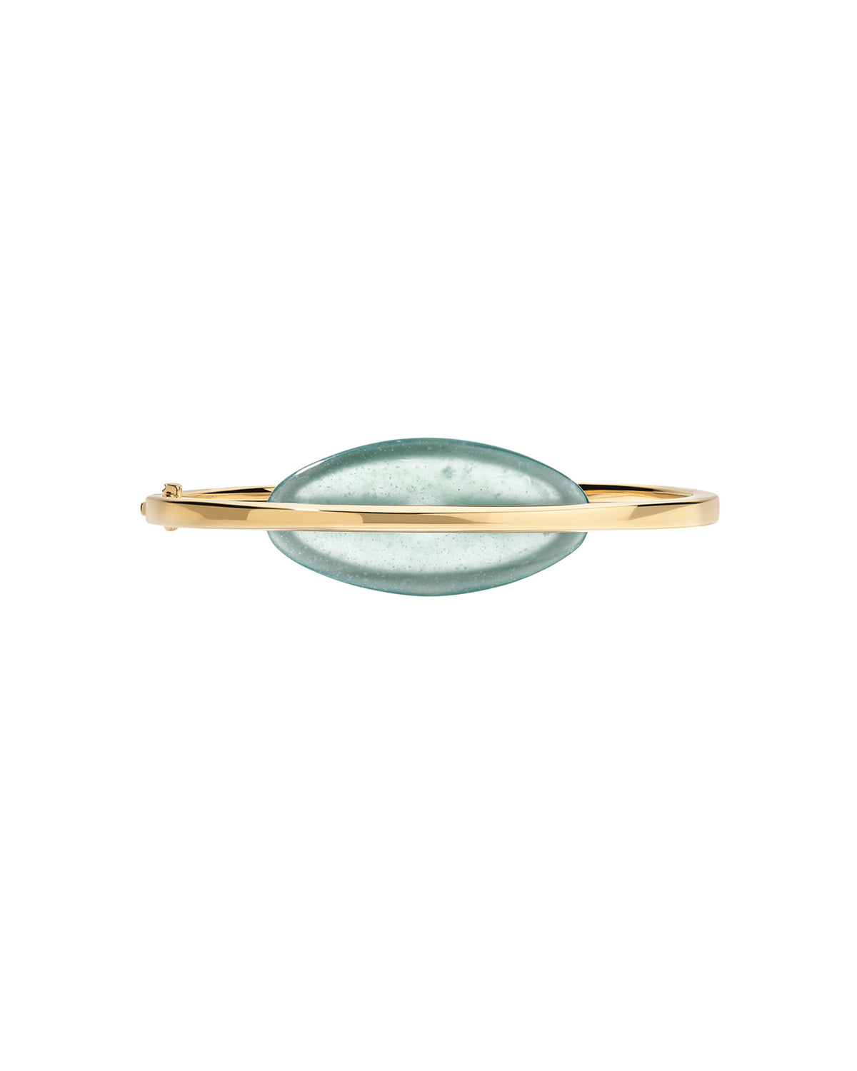 A gold bangle bracelet featuring a smooth, oval-shaped t light blue-green jade stone in the center, set against a plain white background.