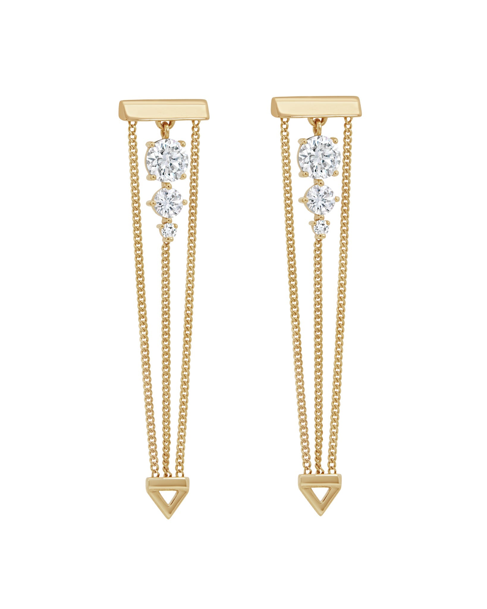 Luxury Levitate Diamond Trio Earrings featuring three round lab diamonds and a sleek design with triangle hooks in 18K gold.