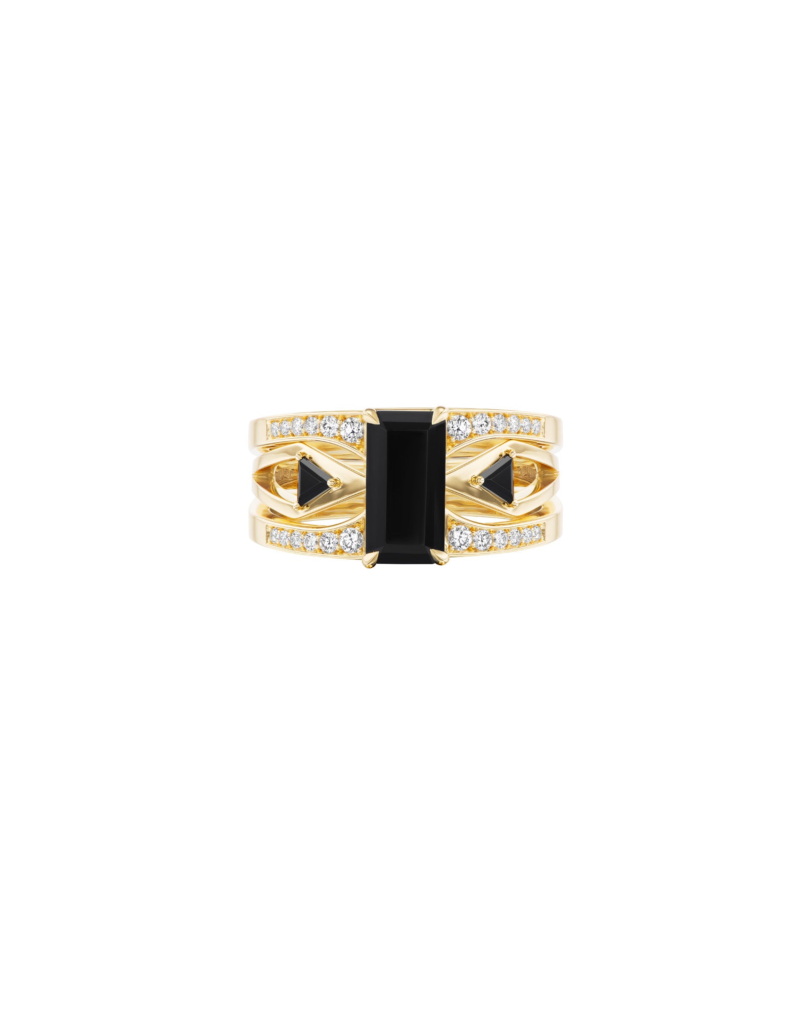 Stunning Mirage + Reflection Ring Set featuring black spinel and 18K yellow gold by Bliss Lau, showcasing interlocking design with diamond accents.