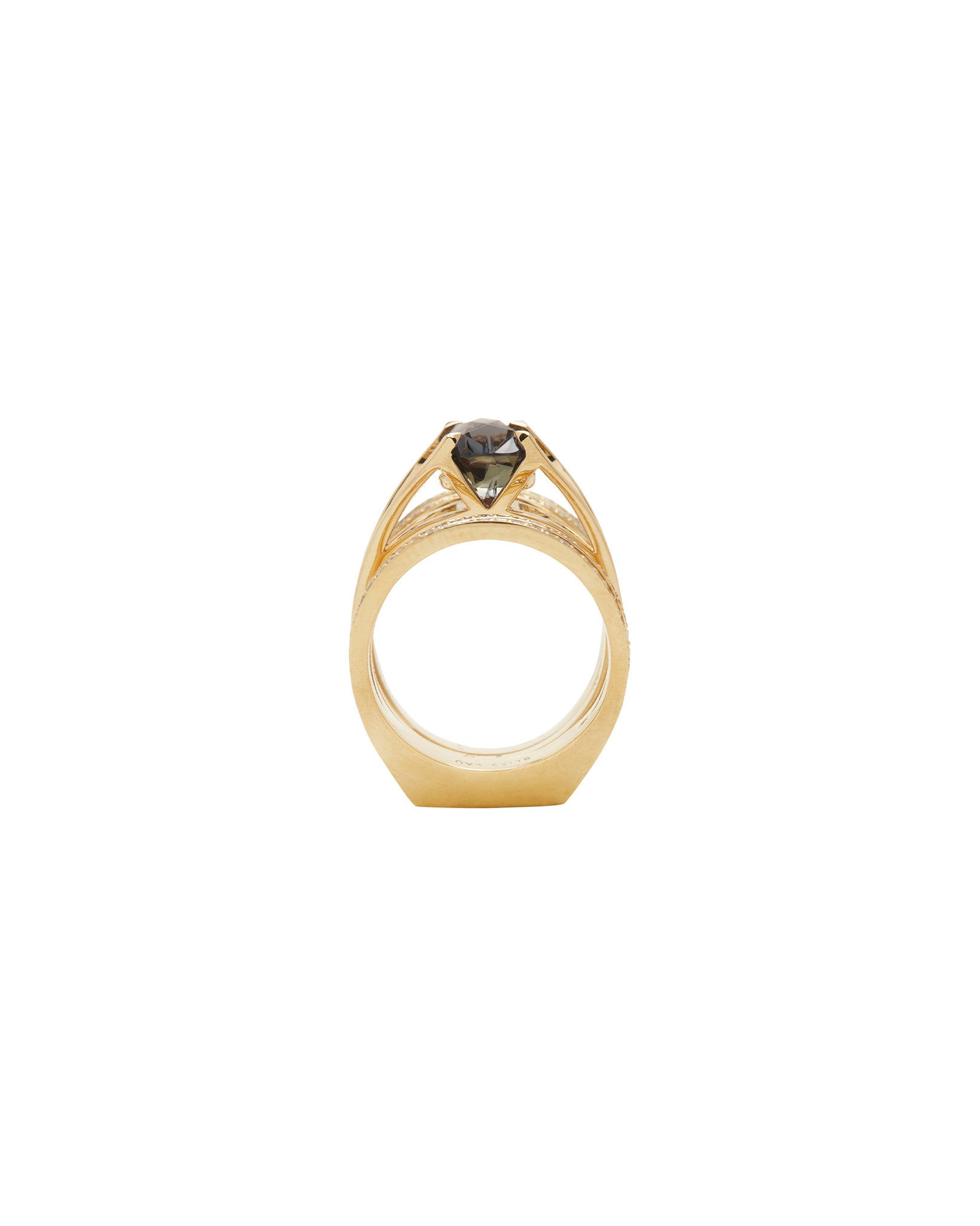 Exquisite close-up of the Centered Ring from the Elliptical Enclose Ring Set featuring a uniquely cut gemstone in a refined gold design.