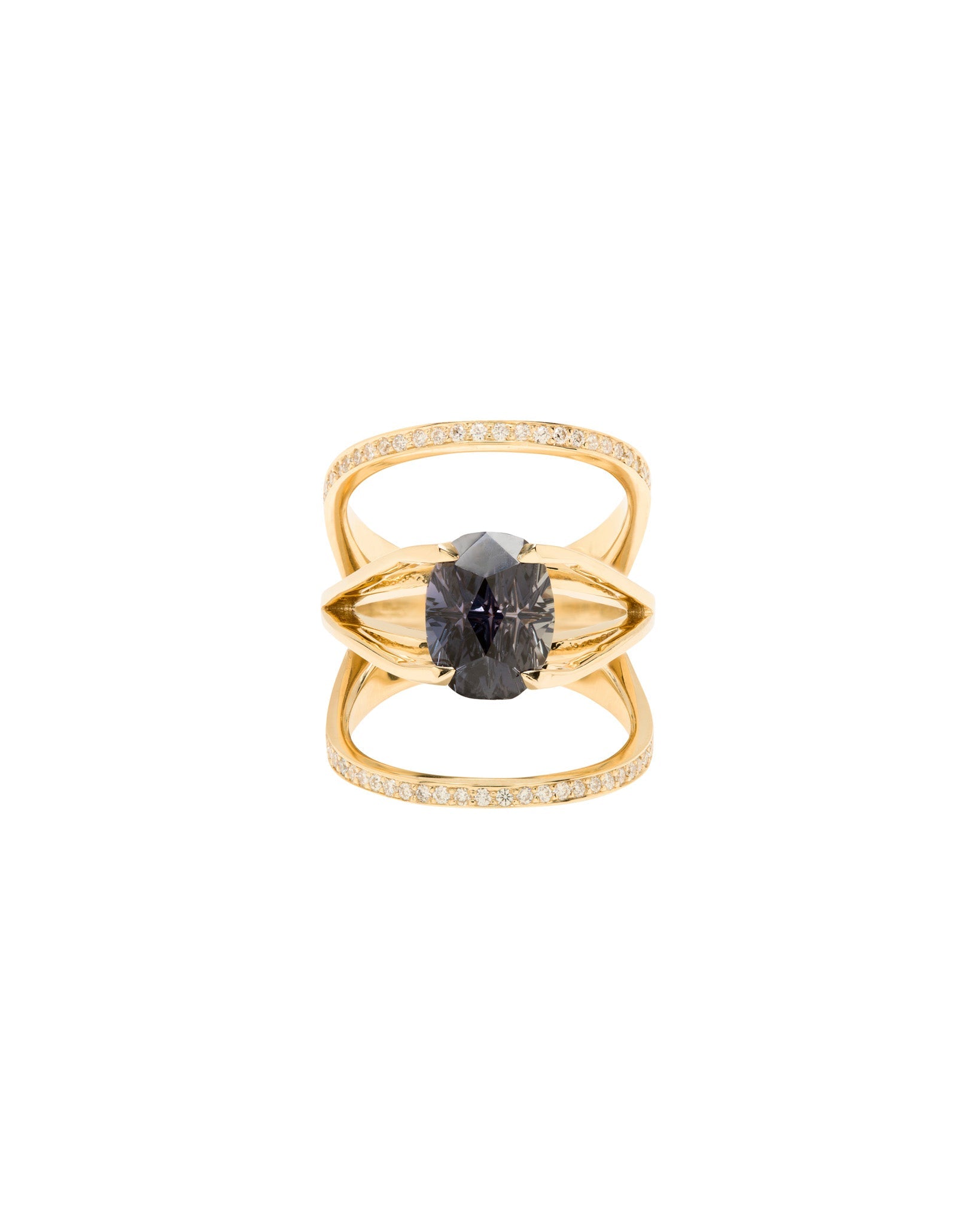Acute 22mm Enclose + Centered Ring Set featuring a stunning oval cut natural gemstone set in luxurious gold, elegantly designed to symbolize commitment.