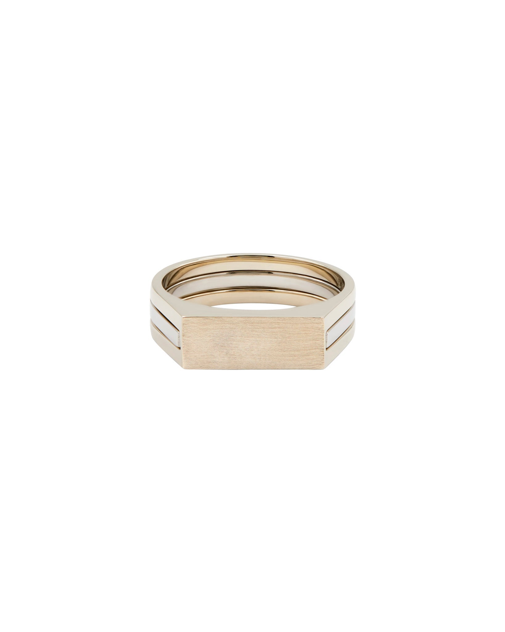 Cohesive Ring Set showcasing a modified signet style ring in natural white gold, offering a matte finish for a refined luxurious look.