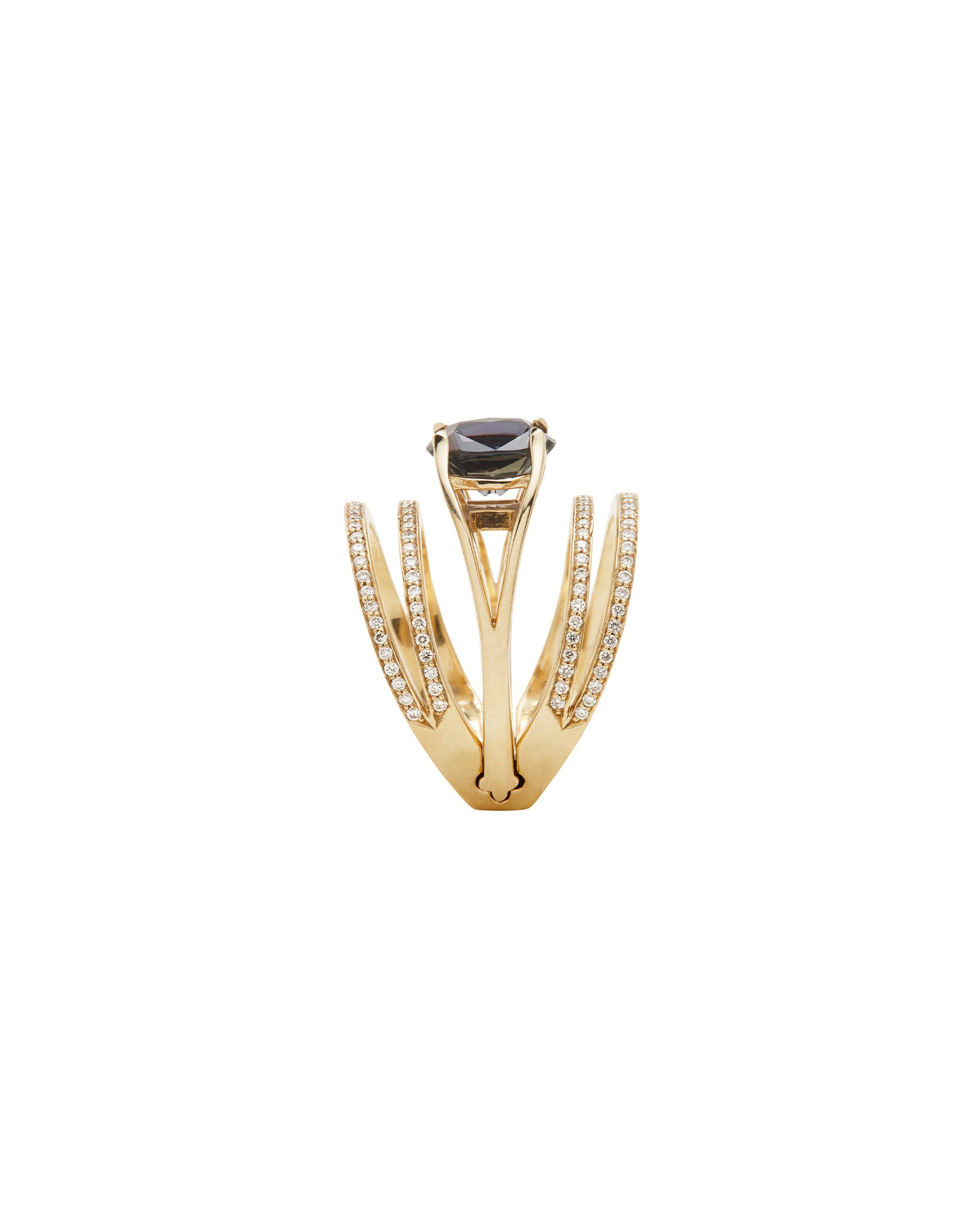 Sophisticated view of the Elliptical Enclose Ring Set + Centered Ring highlighting the artistic design of gold bands with diamond accents and a dark gemstone.