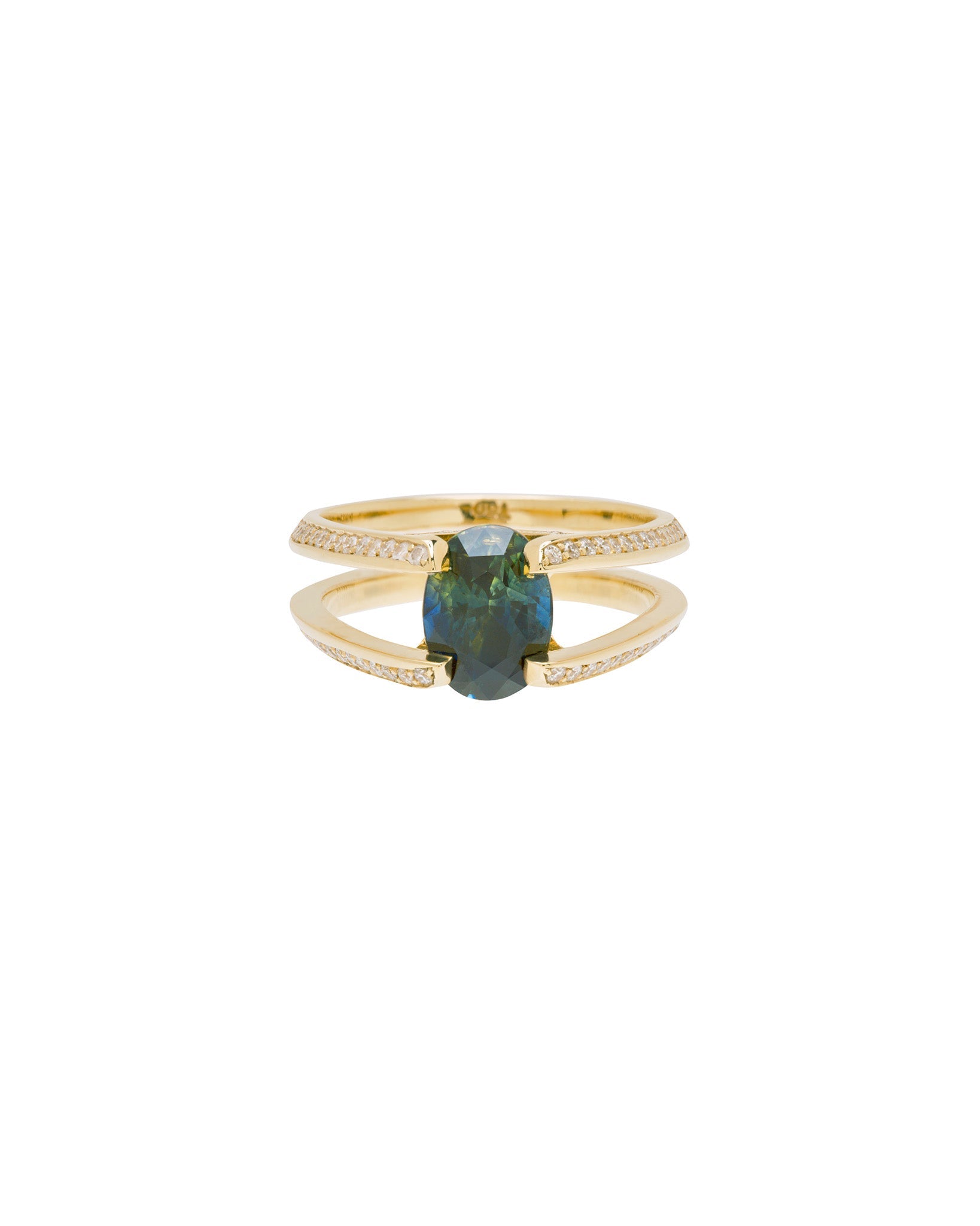 Futurist Engagement Ring Signature Collection highlighting a chic and modern two-banded gold ring, topped with a vibrant green gemstone and adorned with sparkling diamonds.