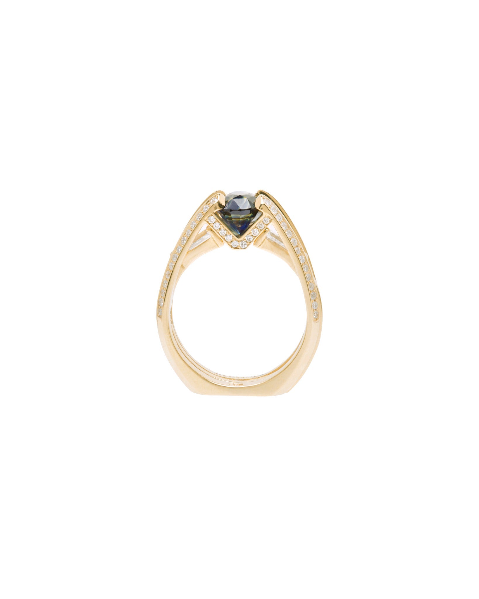 Front view of the Futurist Engagement Ring from the Signature Collection, featuring a captivating gemstone and intricate pave diamond detailing in luxurious yellow gold.