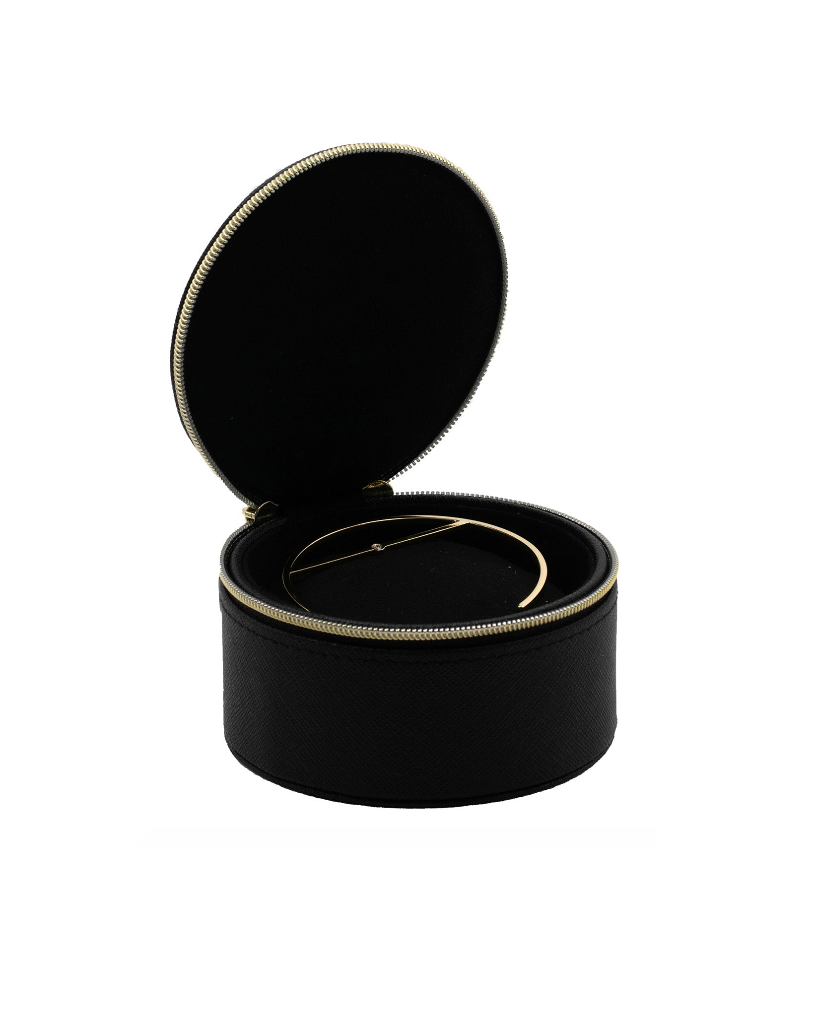 Chic Bliss Lau Jewelry Case open, displaying a luxurious black faux leather exterior and a sophisticated interior, perfect for storing jewelry with style.