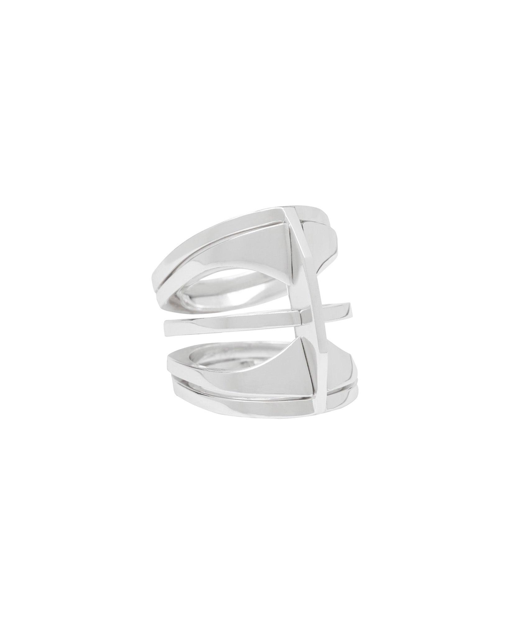 Side view of the Kaleidoscope ring set displaying the elegant curves and minimalist design of the rings in polished sterling silver.