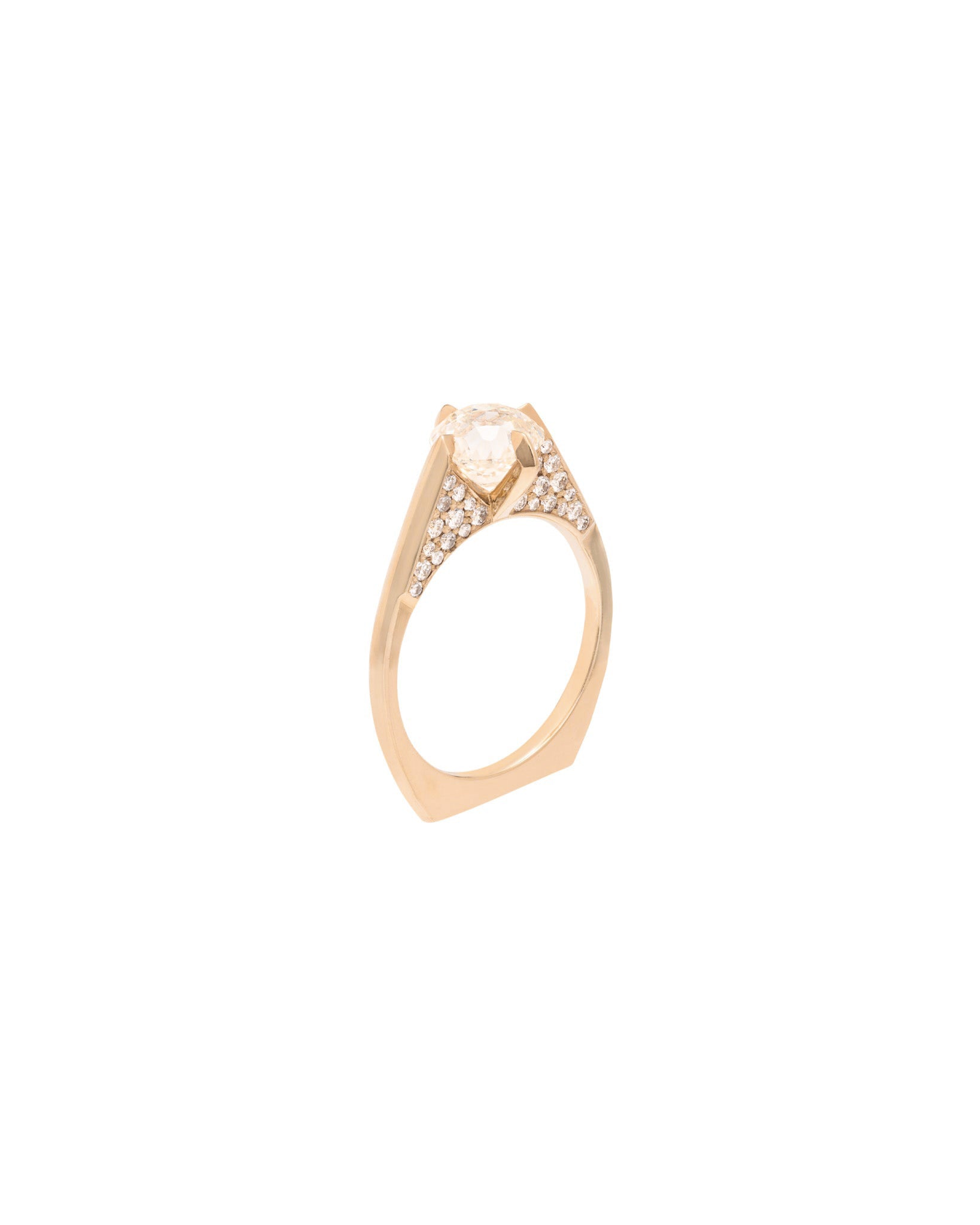 A stunning minimalist gold ring with intricate details, highlighting the unique craftsmanship of Bliss Lau's minimalist arc, minimalist rise, and minimalist pave.