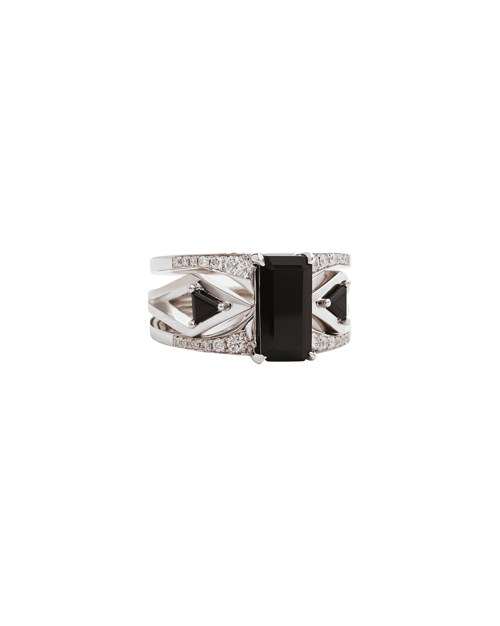 Elegantly designed Mirage + Reflection Ring Set showcasing a striking black spinel surrounded by pavé set white diamonds, perfect for engagement and wedding.
