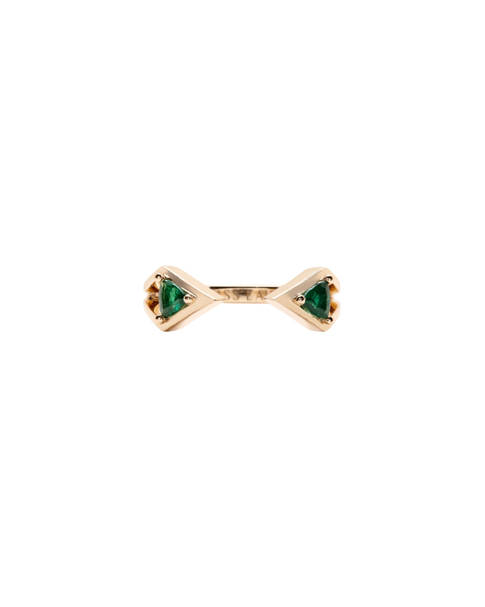 Luxury Reflection Band featuring elegant emerald trillion gemstones set in yellow gold, showcasing a modern design with a squared bottom for perfect balance.