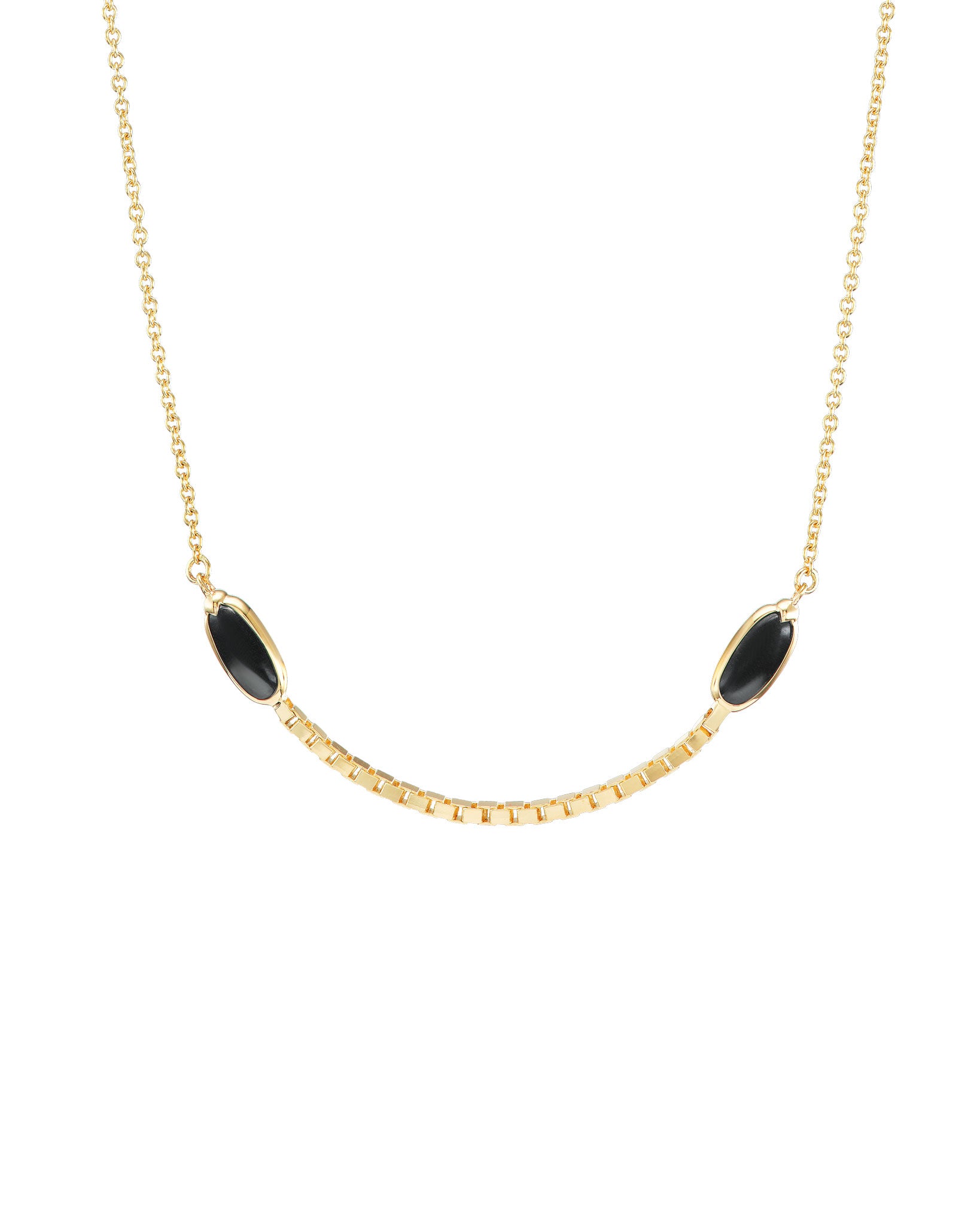 Halo Crescent Jade Necklace in 18K Gold and Black Heritage Jade – a stunning handcrafted jade necklace featuring two black crescent jade beads elegantly positioned along a gold box chain.