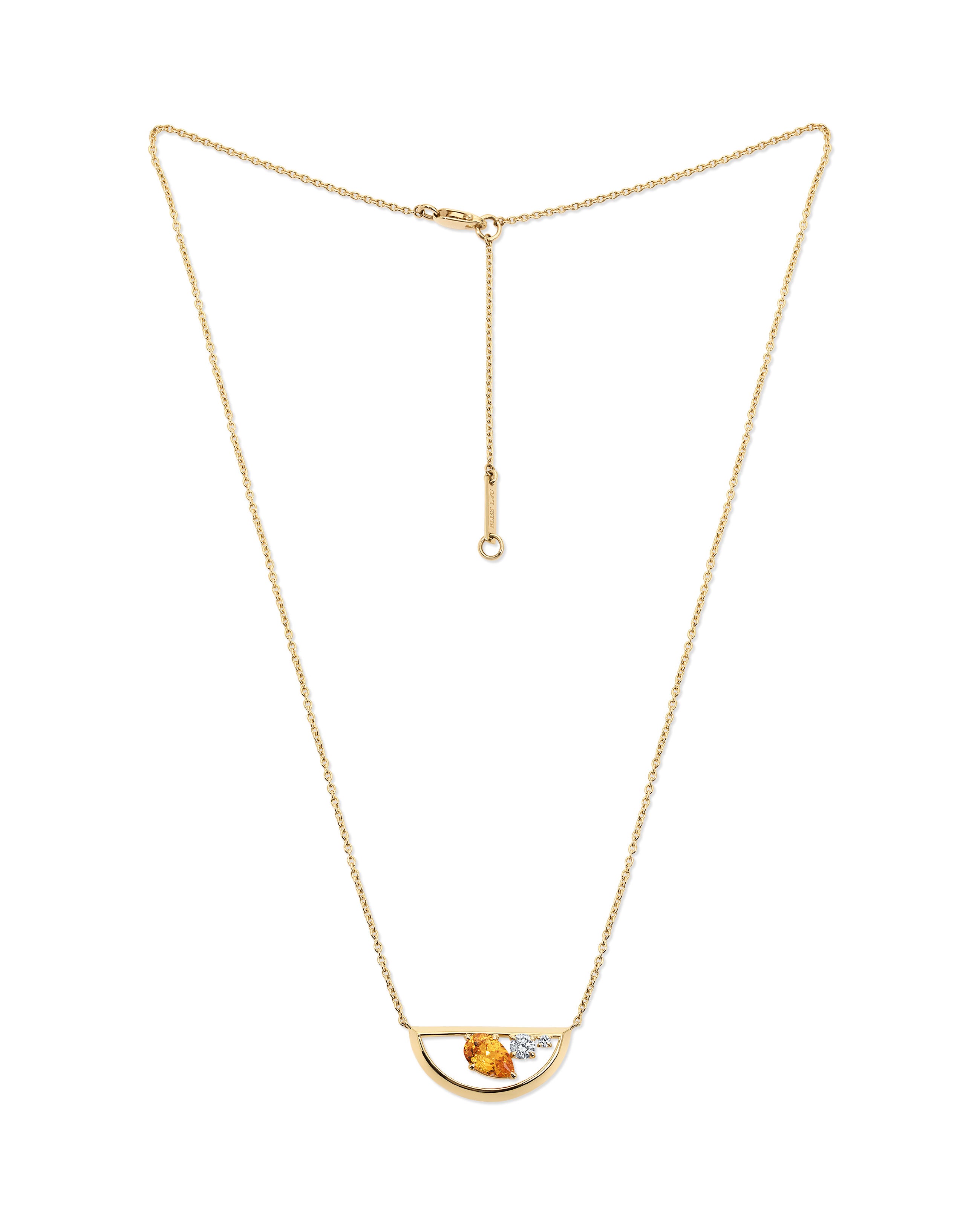 Gold necklace with a half-circle pendant featuring a yellow gemstone on a white background