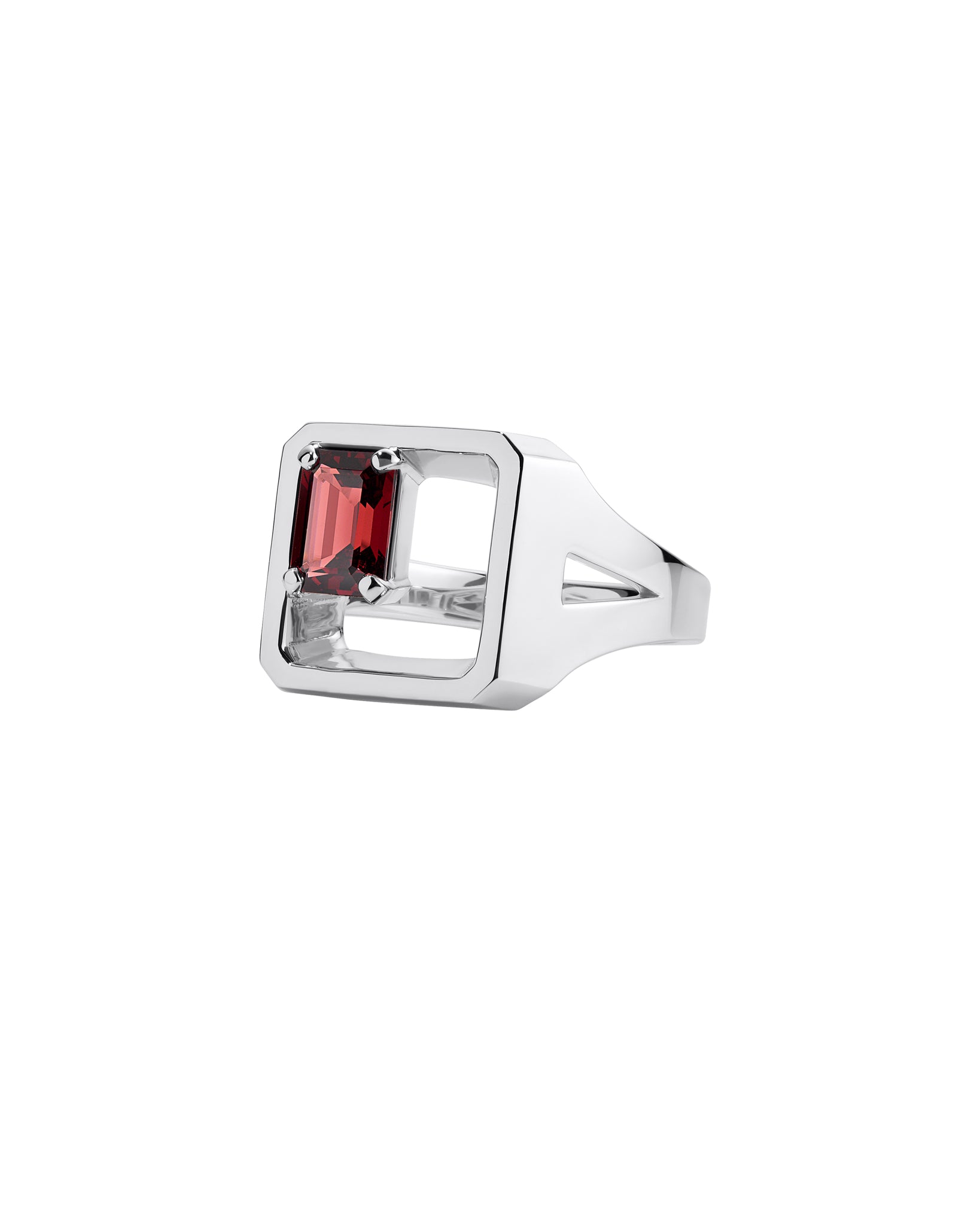 Silver signet ring with a red garanet gemstone on a white background, 3 quarter view