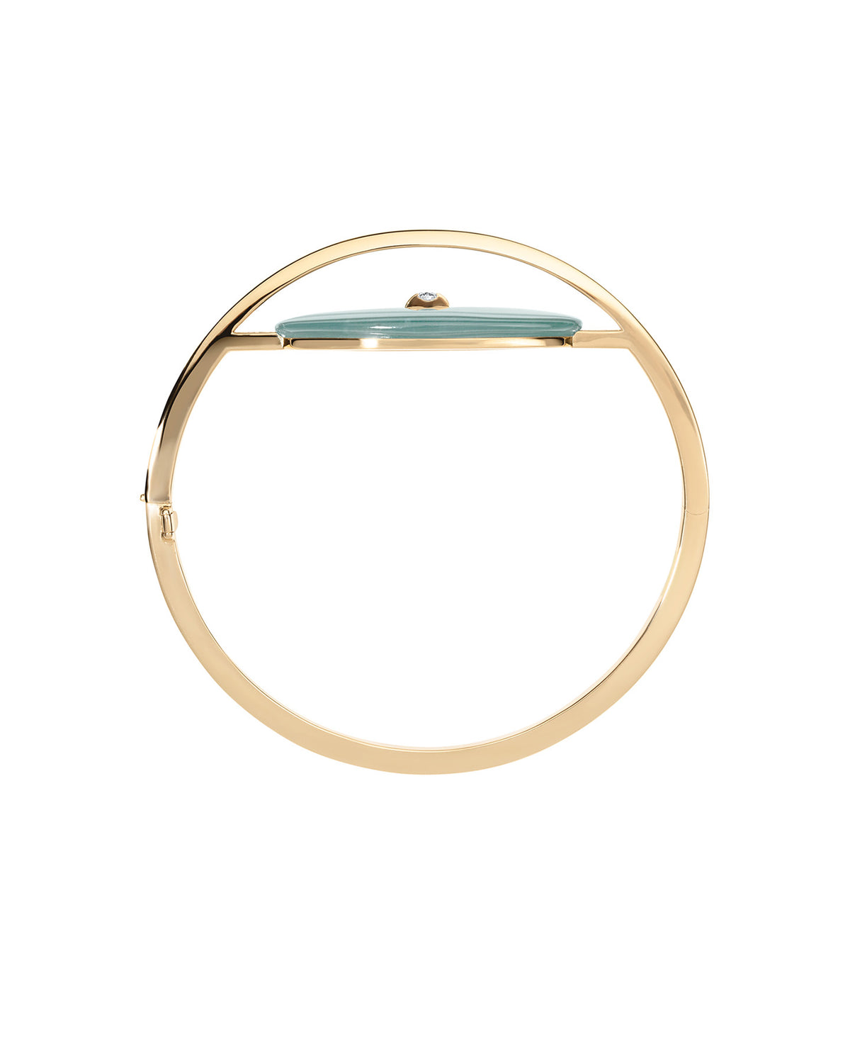 A Bliss Lau gold circular bangle bracelet with a flat, horizontal jade inlay across the center, shown on a plain white background.