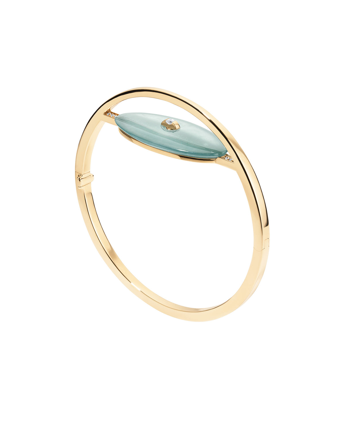 A Bliss Lau gold bangle bracelet featuring a oval-shaped light blue jade stone across the front with an inlaid diamond, set against a plain white background.