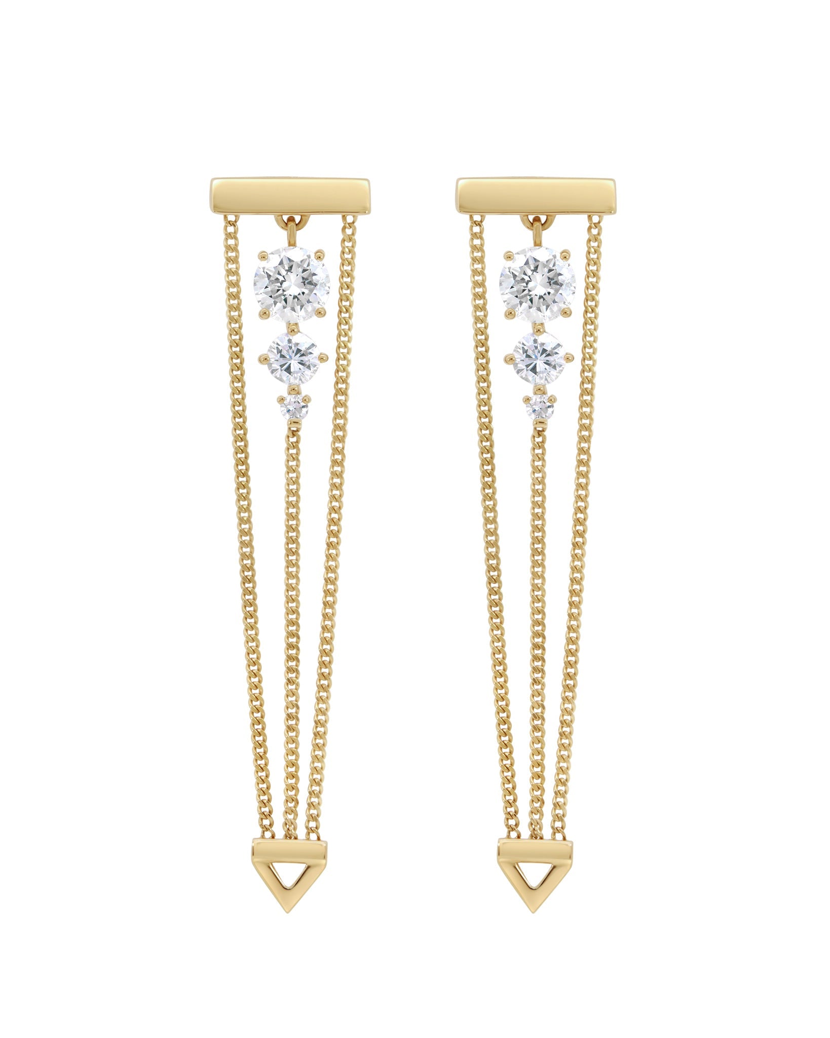 Chic Levitate Diamond Trio Earrings designed with three sparkling round lab diamonds and gold chain accents, highlighting modern luxury.