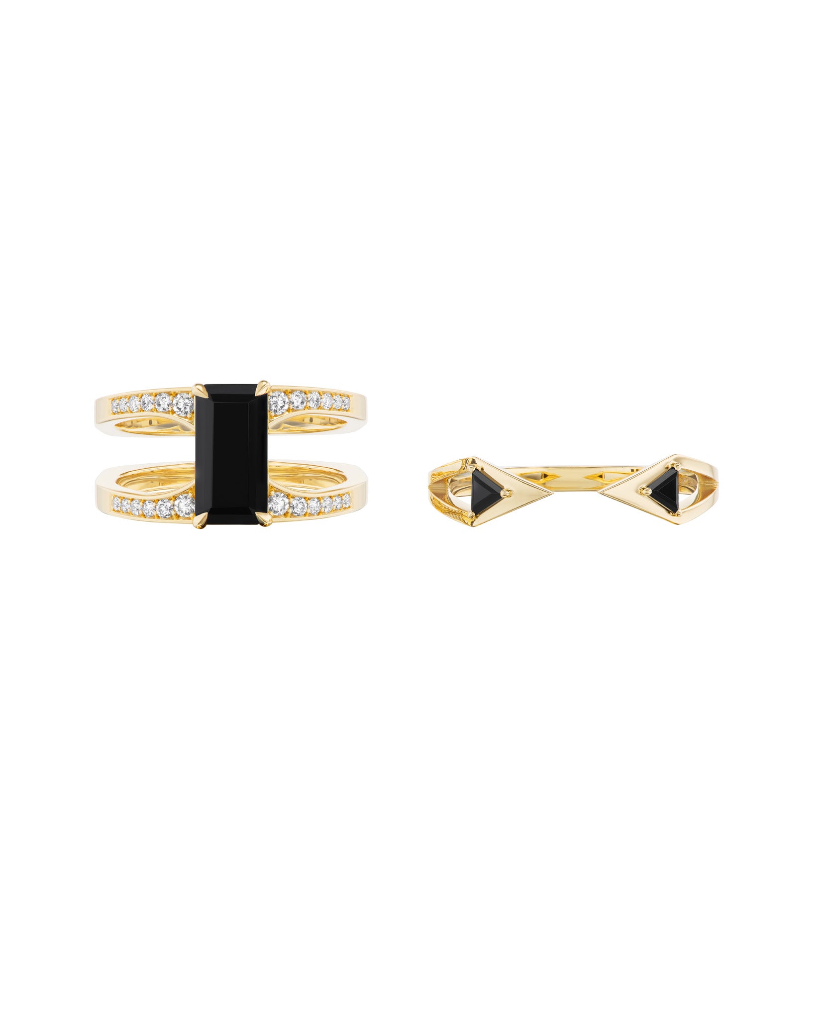 Overview of the Mirage + Reflection Ring Set by Bliss Lau, displaying the intricate details of black spinel rings in 18K yellow gold.