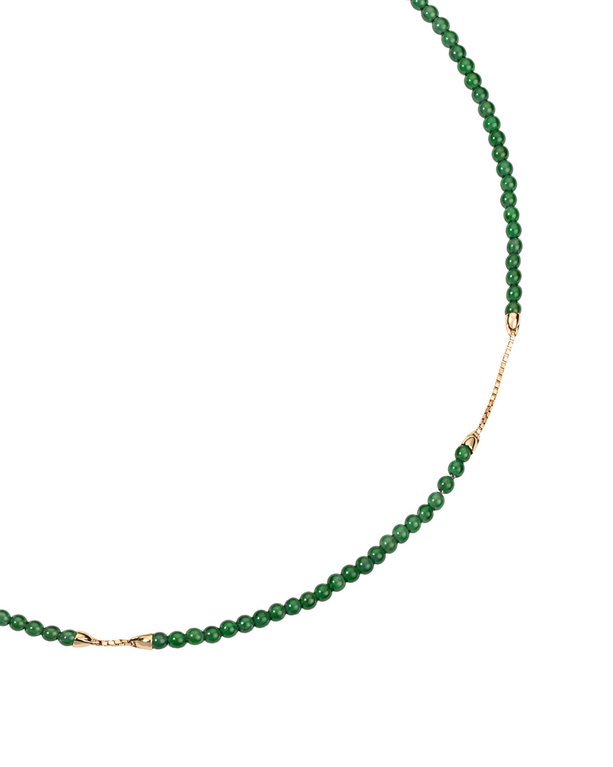 Bliss Lau jade bead bracelet with connective gold chain on a white background