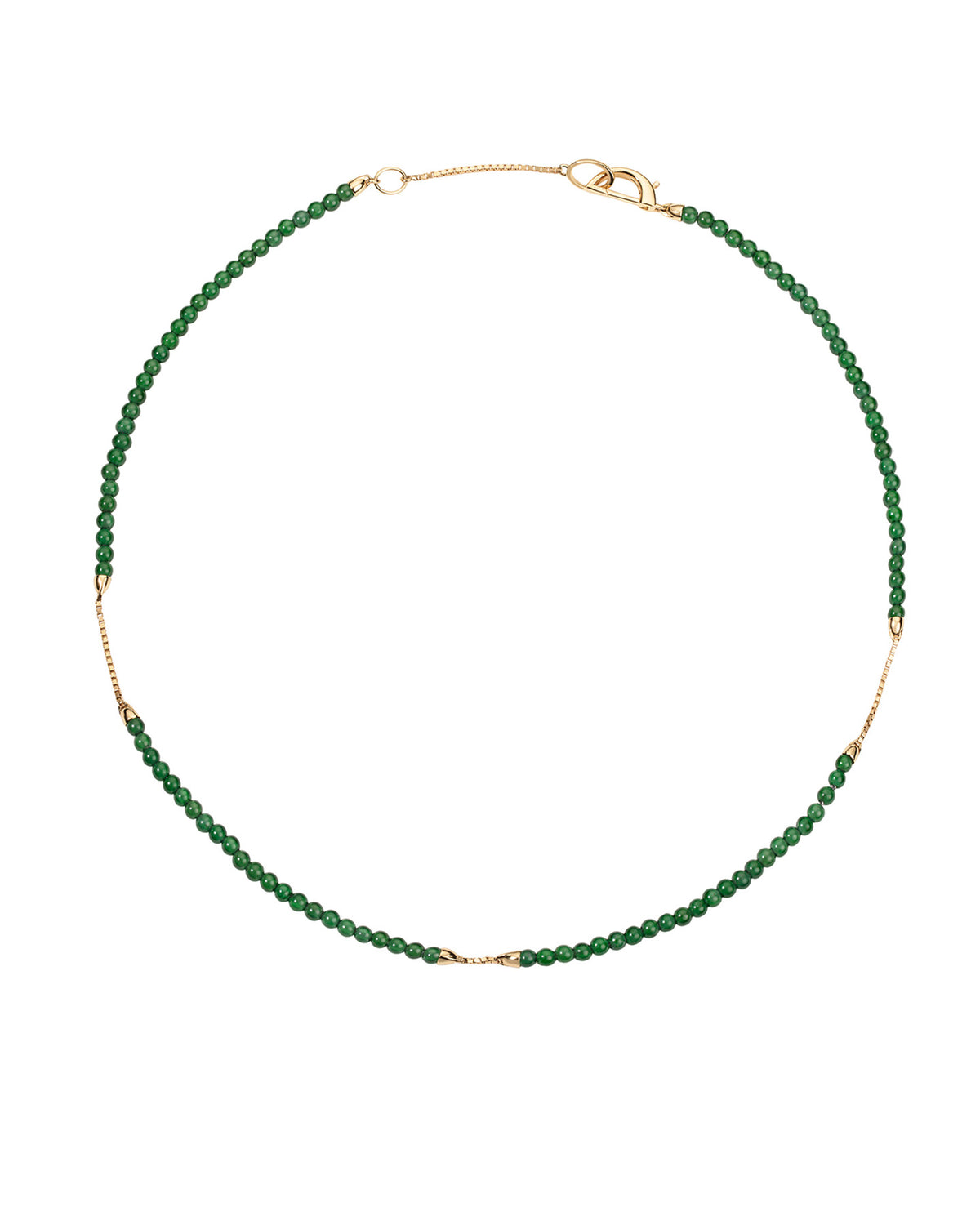 Bliss Lau jade bead bracelet with connective gold chain on a white background