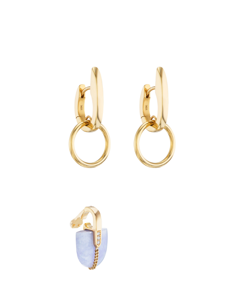 A pair of nuance unique hoop huggie earrings and a separate lavender jade pendant that can clip into them. 