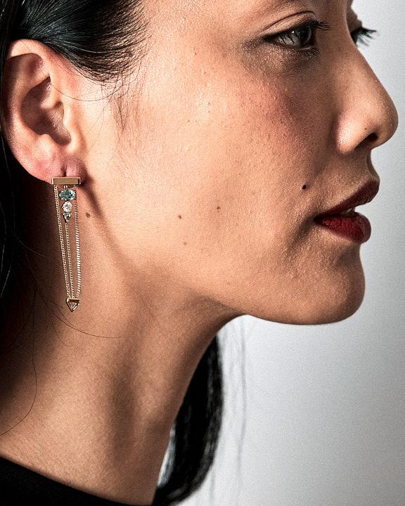 Bliss Lau Tourmaline Levitate Earrings worn two ways. ON Model long option. 