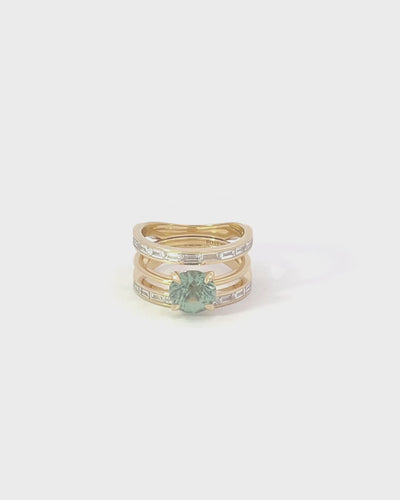 Video of Poetic engagement ring with Cascade II wedding band with white diamond baguettes double infinity band. 