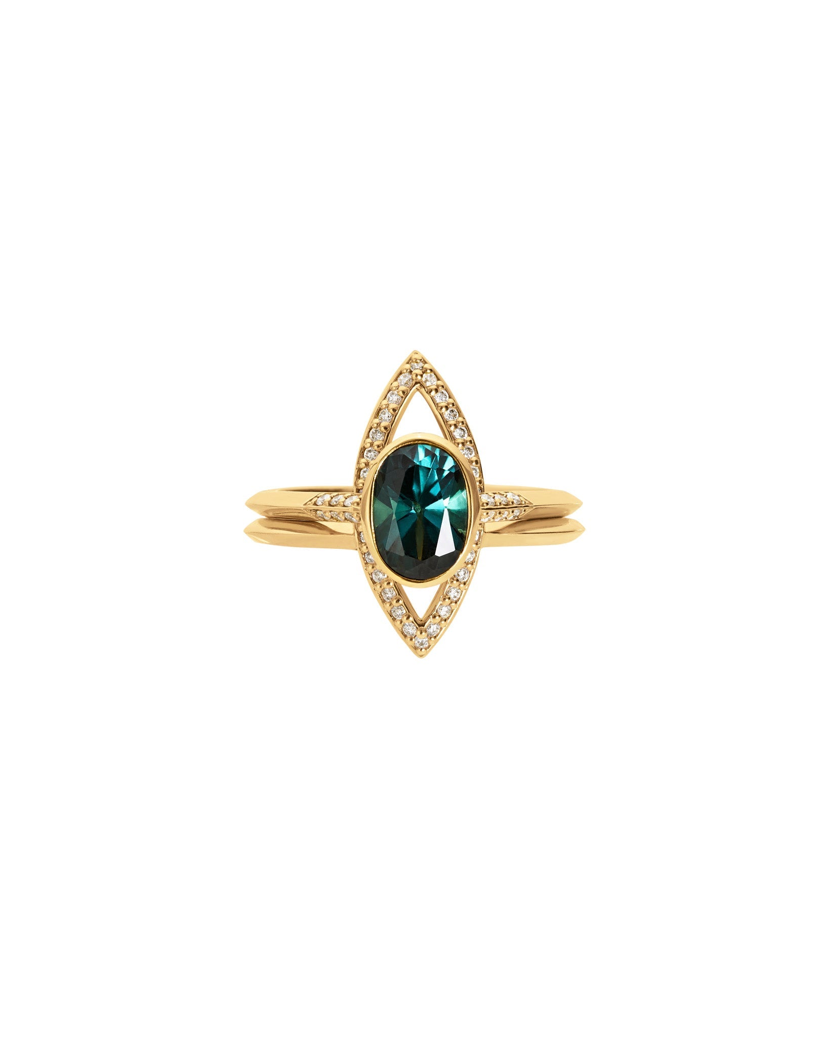 Elegant marquise outline wedding ring set featuring a deep blue-green sapphire, surrounded by pavé-set diamonds, set in recycled gold.