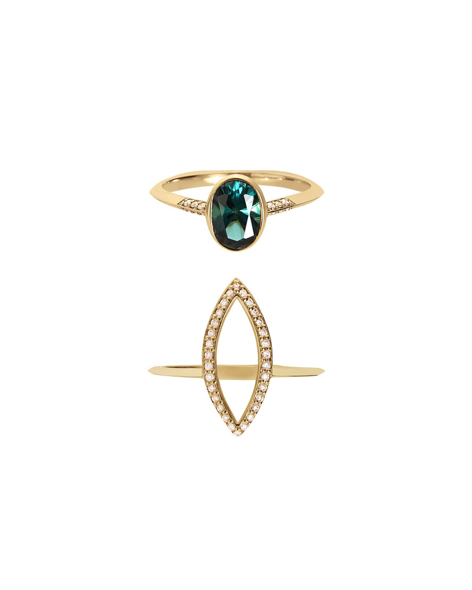 Stylish wedding ring set showcasing a deep blue-green sapphire and complementing marquise outline ring with diamond accents in luxurious recycled gold.