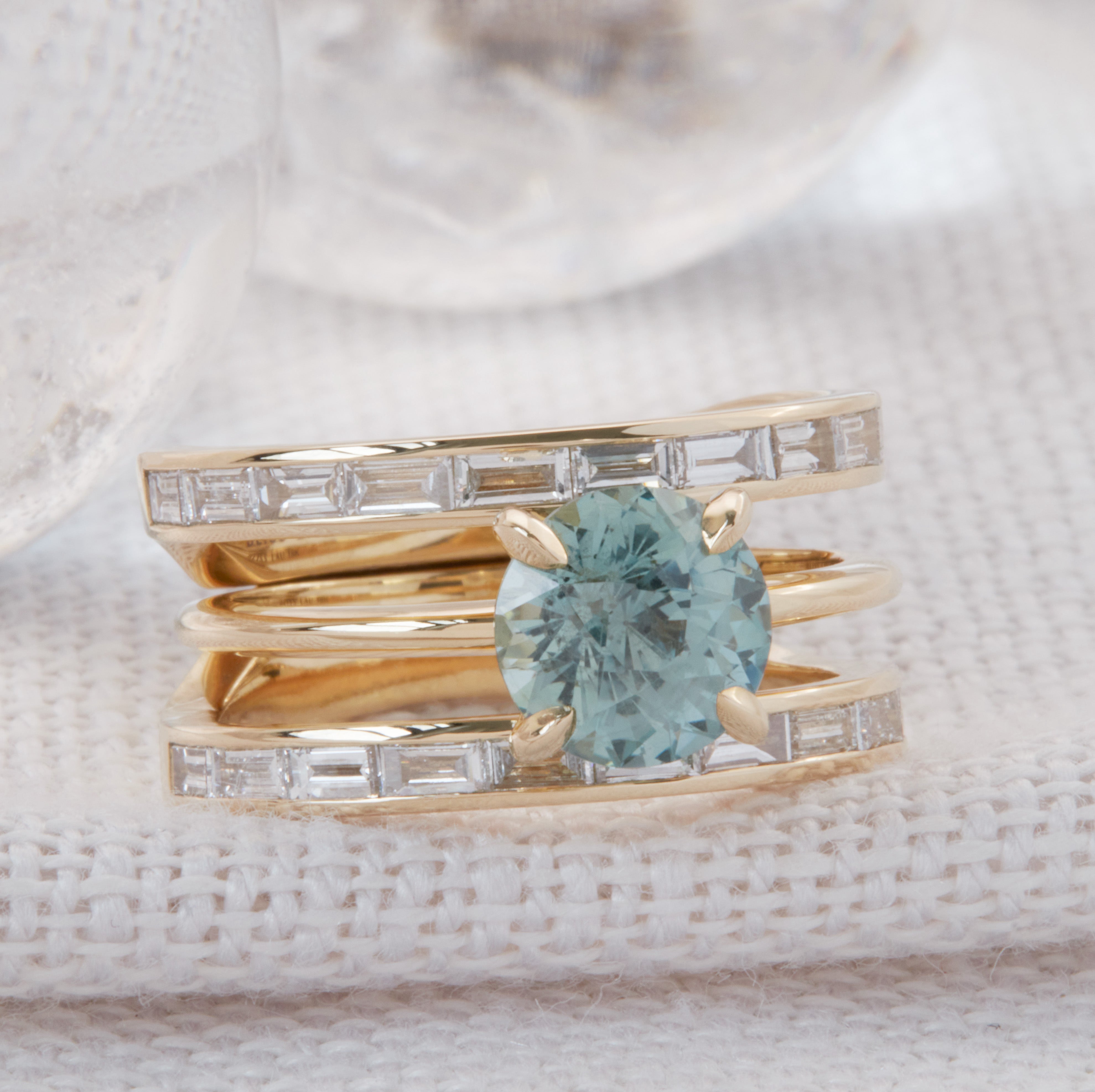 Poetic Single Stone Engagement Ring and White diamond baguette Wedding band interlocking Ring set. 